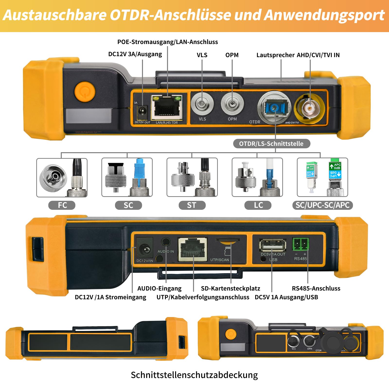 Henkion OTDR Glasfasertester RSO-5510 LWL Tester 1610 nm 28dB 5,4" IPS-Touchscreen Reichweite 150km IPC Tester TVI CVI AHD CVBS Kabeltester FC/UPC SC ST LC OPM OLS LS VFL Ereigniskarte Netzwerk-Tools