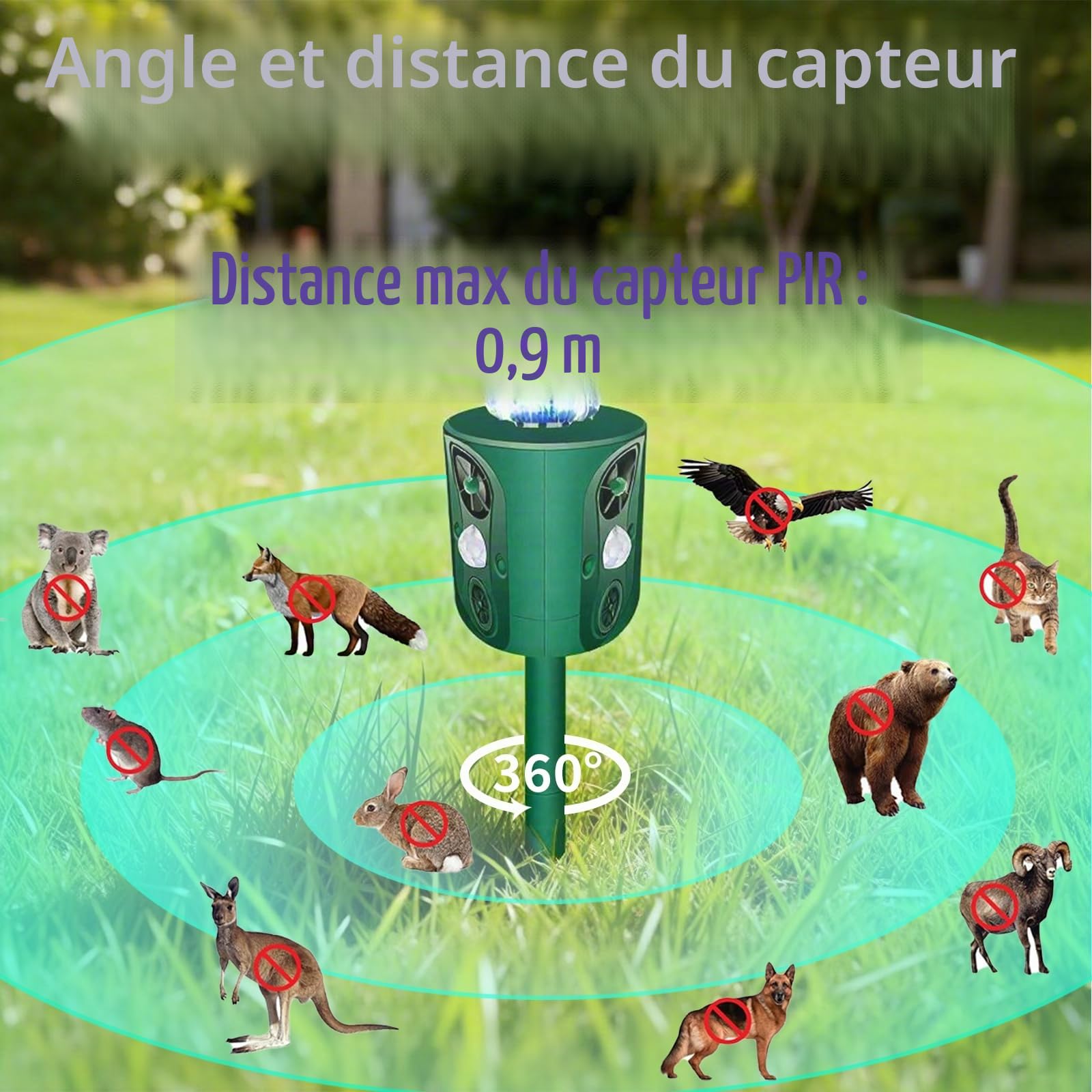 Répulsif à ultrasons solaire avec lampe clignotante LED, 5 modes, étanche IP66, idéal pour les jardins et la protection des animaux à l'extérieur