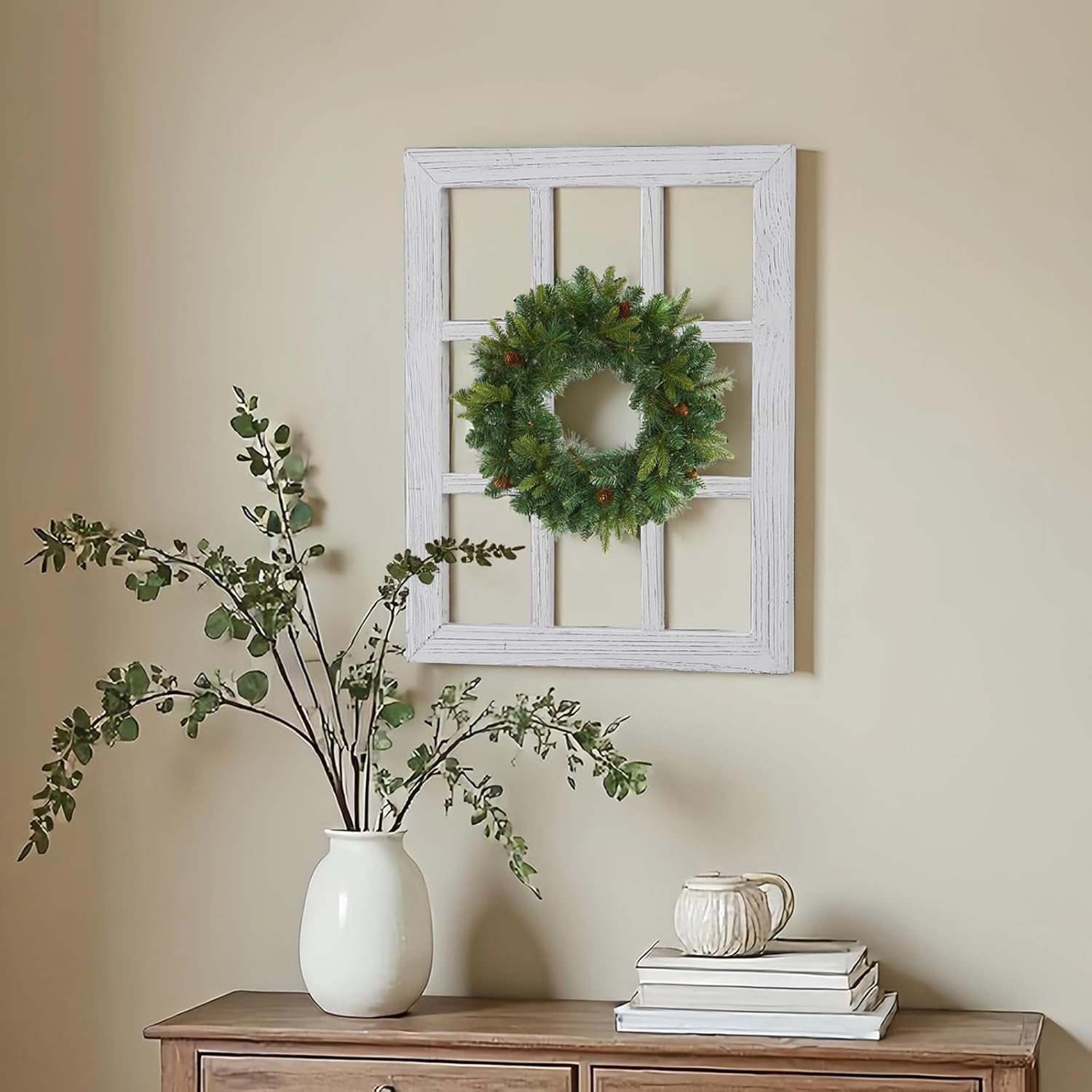 Sintosin Farmhouse Window Frame Wall Decor 18 X 23 Inch, Hanging Handmade Distressed White Wooden Rustic Rectangle Faux Window Wall Decor for Entryway Living Room Kitchen, Horizontal or Vertical