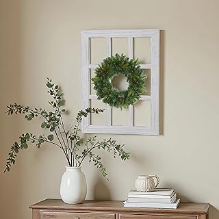 Sintosin Farmhouse Window Frame Wall Decor 18 X 23 Inch, Hanging Handmade Distressed White Wooden Rustic Rectangle Faux Window Wall Decor for Entryway Living Room Kitchen, Horizontal or Vertical