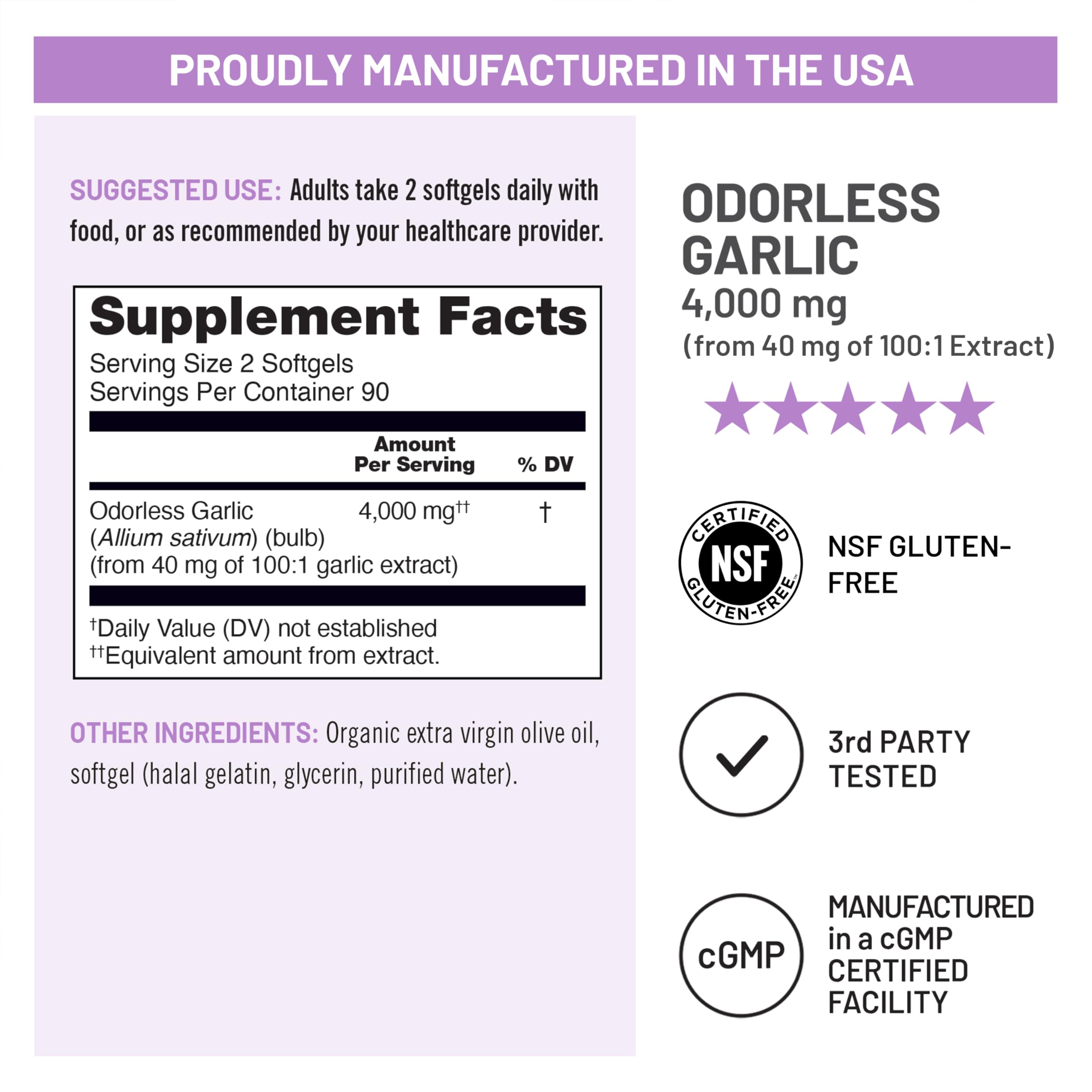 NatureWise Odorless Garlic Supplement 4000mg - Ultra Potent 100:1 Extract - Healthy Cholesterol Formula, Heart Health Support - Non-GMO, Gluten Free, with Halal Gelatin - 180 Count[90-Day Supply] — Amazon image 6