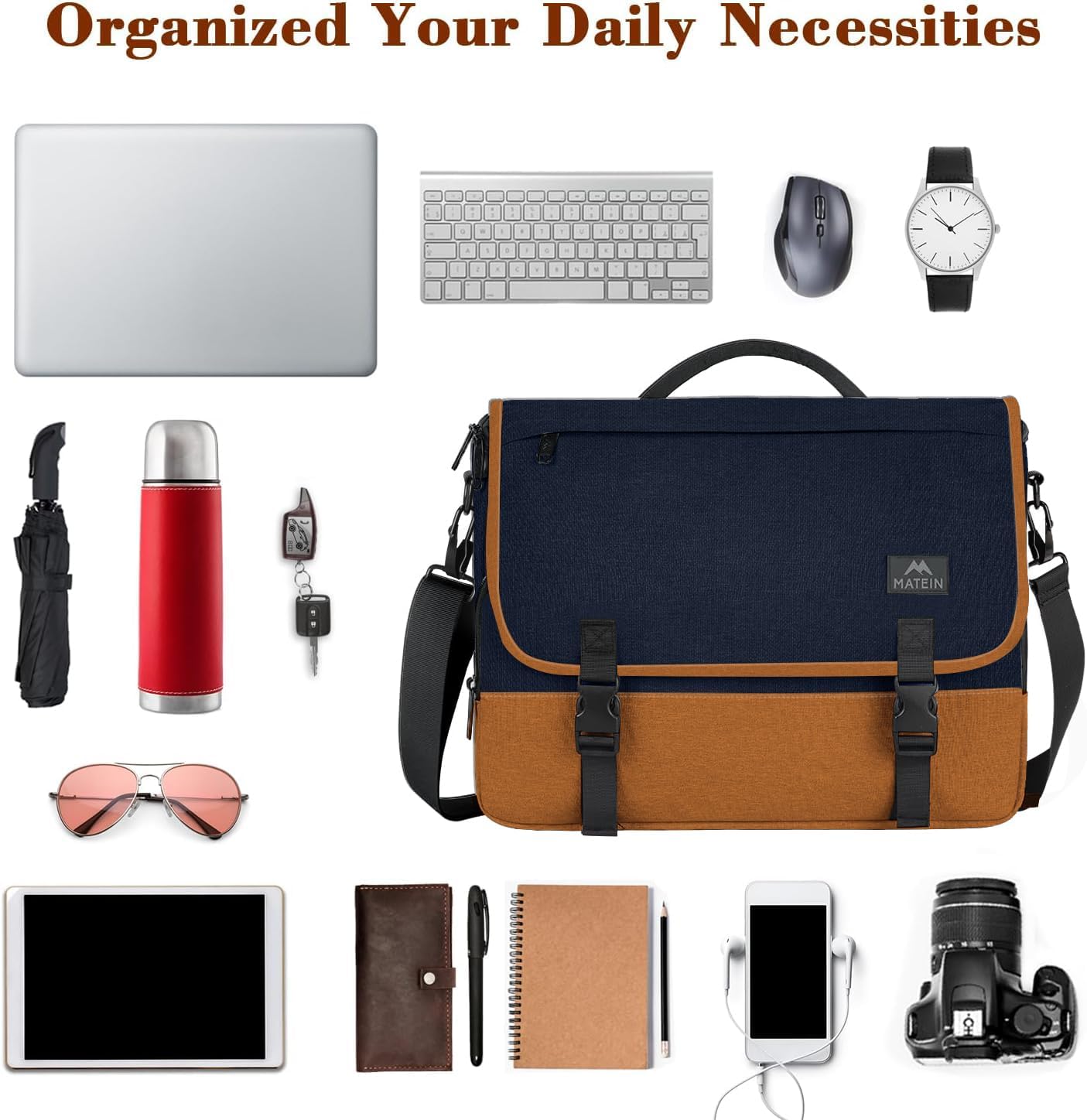 MATEIN 15.6 inch Laptop Bag, Briefcases Lightweight Men's Messenger Bag with Shoulder Strap, Large Water Resistant Crossbody Satchel Computer Case for College Work, Blue & Brown - Image 8