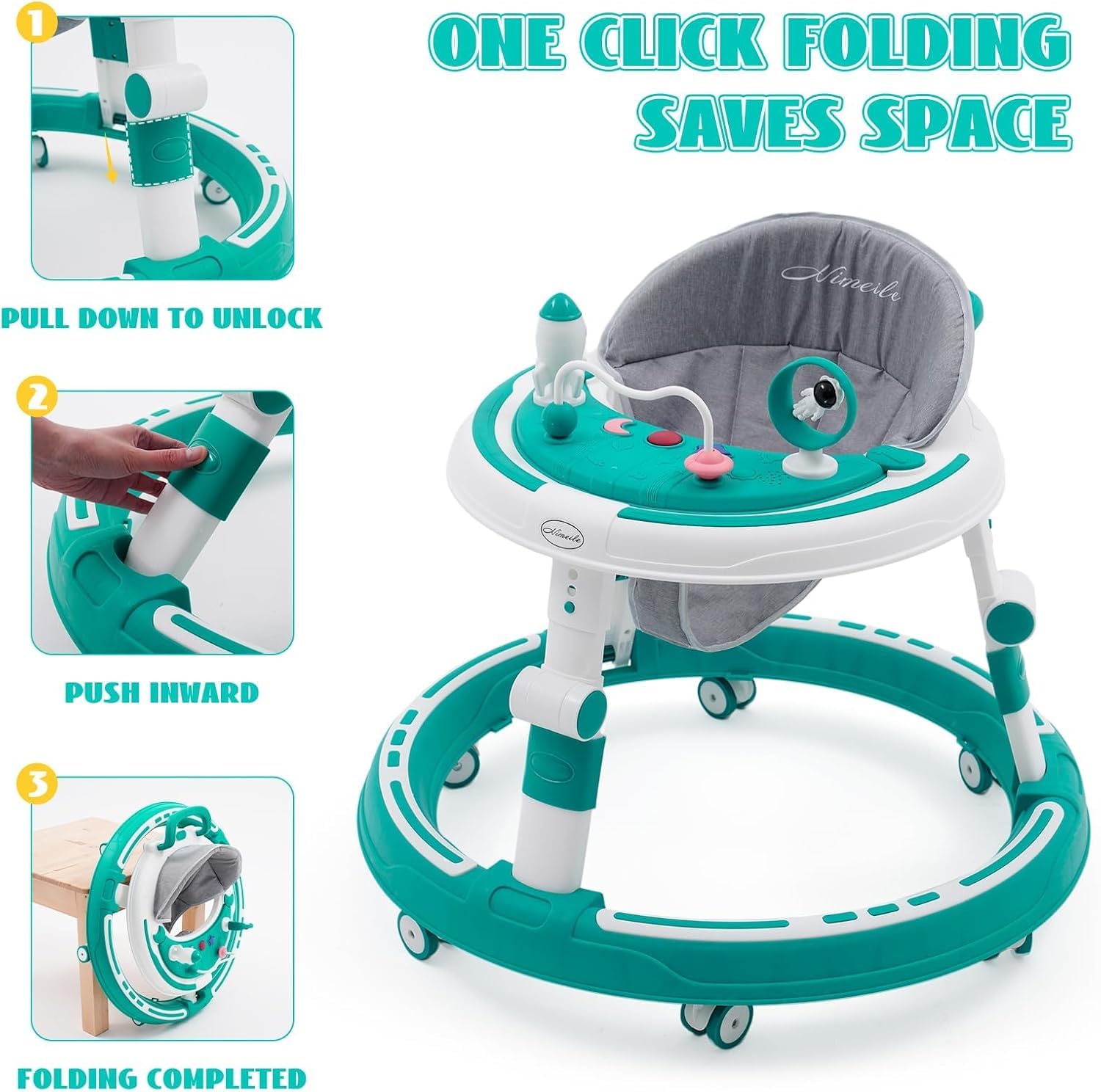EULEUY 3 en 1 Andadera Para bebe Andador de Empuje Plegable con Centro de Actividades y Bandeja de Alimentación. Altura Ajustable, Ruedas Silenciosas de 360° Andador bebes 6-12 Meses (Verde) — view 4