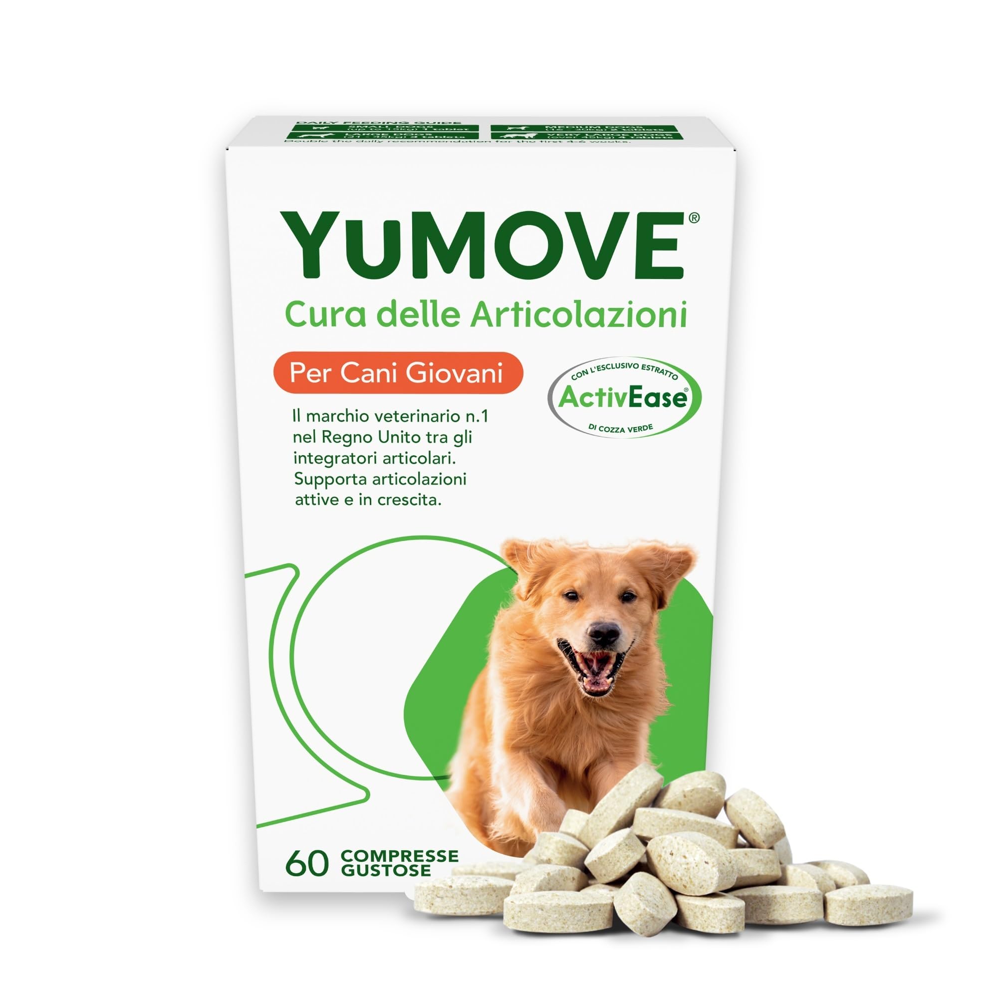 YuMOVE Integratore Articolazioni Cane Giovani Fino a 5 Anni - 60 Compresse - In Attesa di Brevetto Naturale Cozza Verde ActivEase - Joint Care Cani con Glucosamina, Condroitina Cani In Crescita