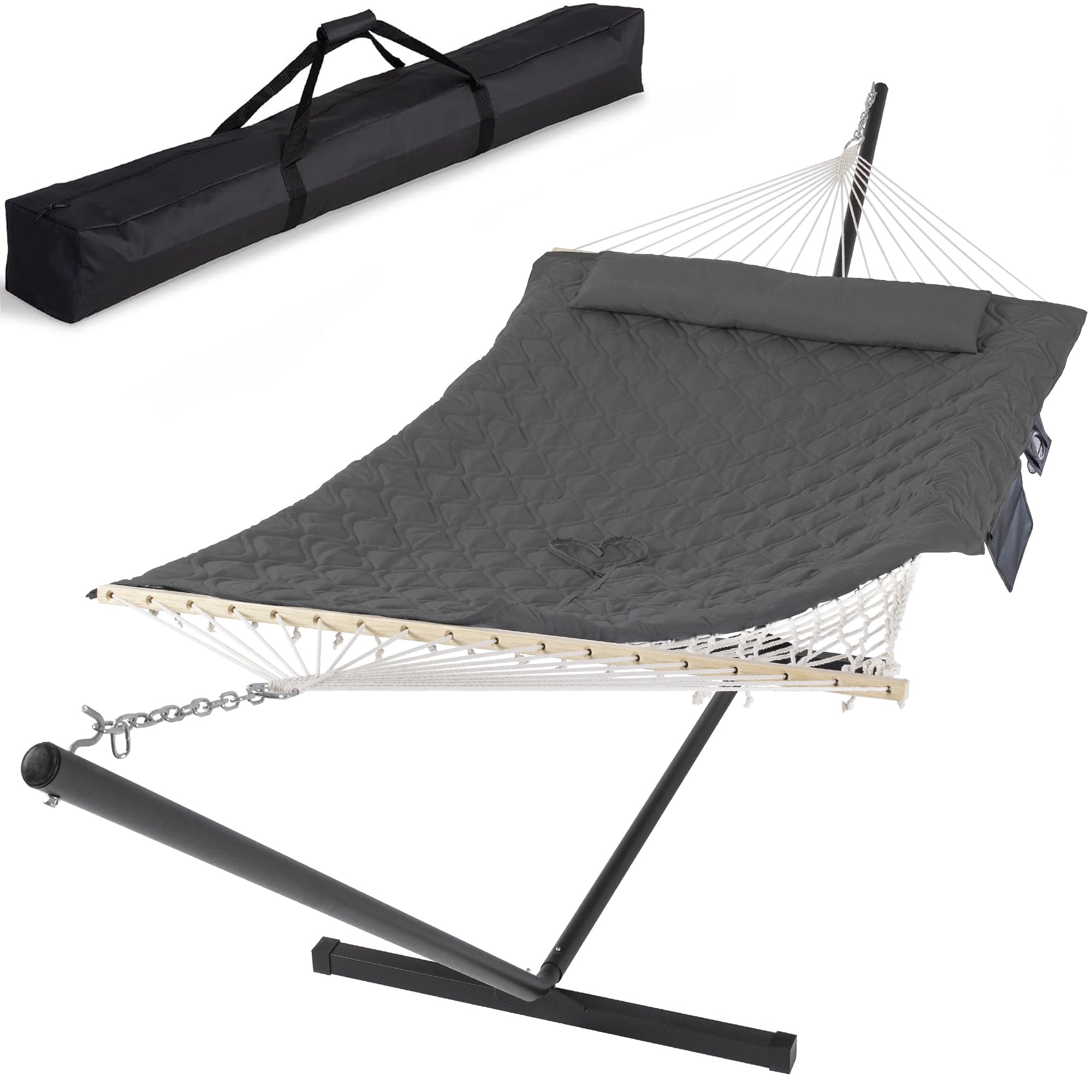Photo 1 of **View Clerk Notes**SUNCREAT Hammocks for Outside with Stand, Carrying Bag, Dark Gray Drops