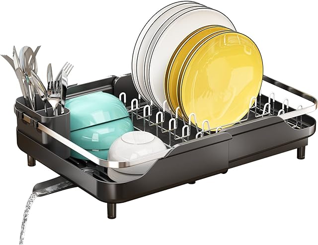SAYZH Dish Drainer, Stainless Steel Dish Drying Rack and Drainaboard Set, Expandable(29.2 CM-49CM) Sink Dish Draining Rack with Cup Holder Utensil Holder for Kitchen Counter(Black)