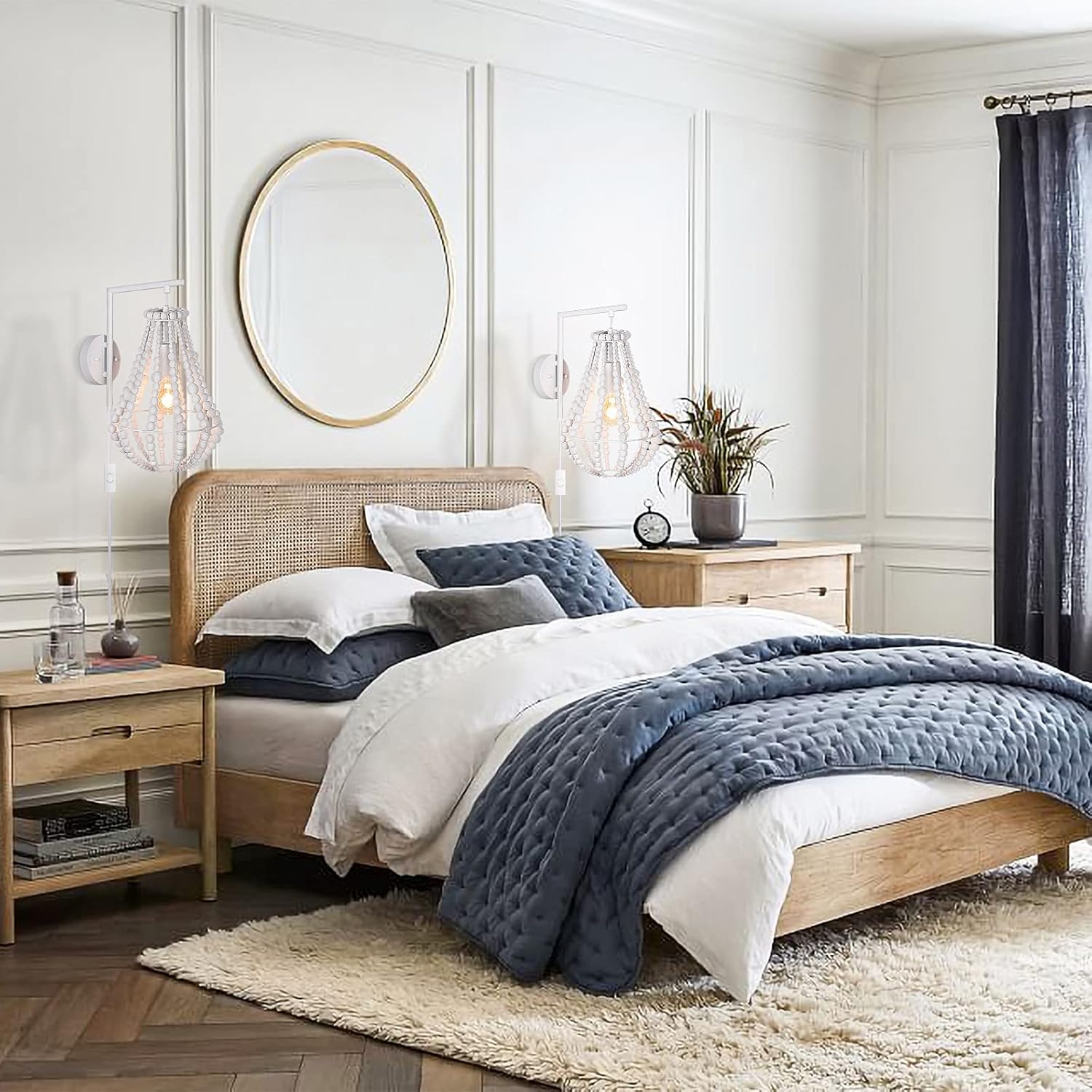 Plug in Wall Sconce, Coastal White Wood Beaded Wall Lights - Super Cute Chic Light for Bedroom, Kids Room