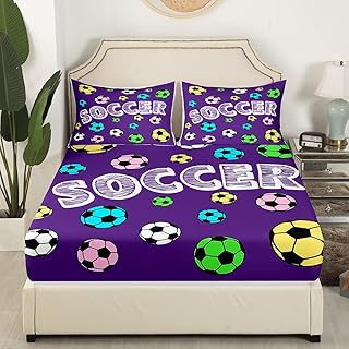 Soccer Kids Fitted Sheet Queen Size,Ball Sports Games Modern Fashion Bedding Set,Girls Boys Adults Room Decor,Geometric Honeycomb Chic Bed Cover,Purple Colorful Bed Sheet,2 Pillowcases