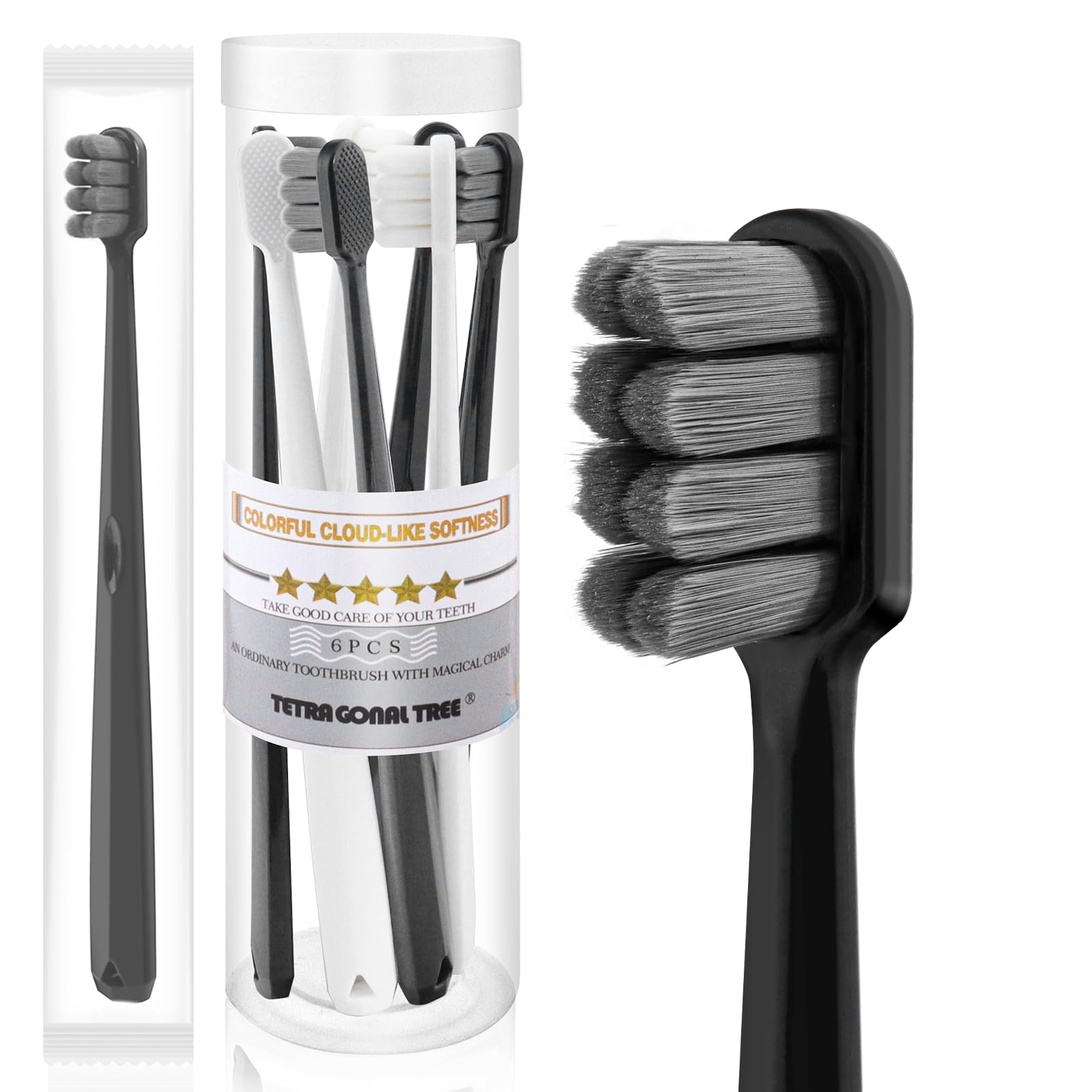 Tetragonal tree Cepillo de dientes extra suave con más de 20.000 cerdas suaves, cepillos de hilo dental líquido, juego de 2
