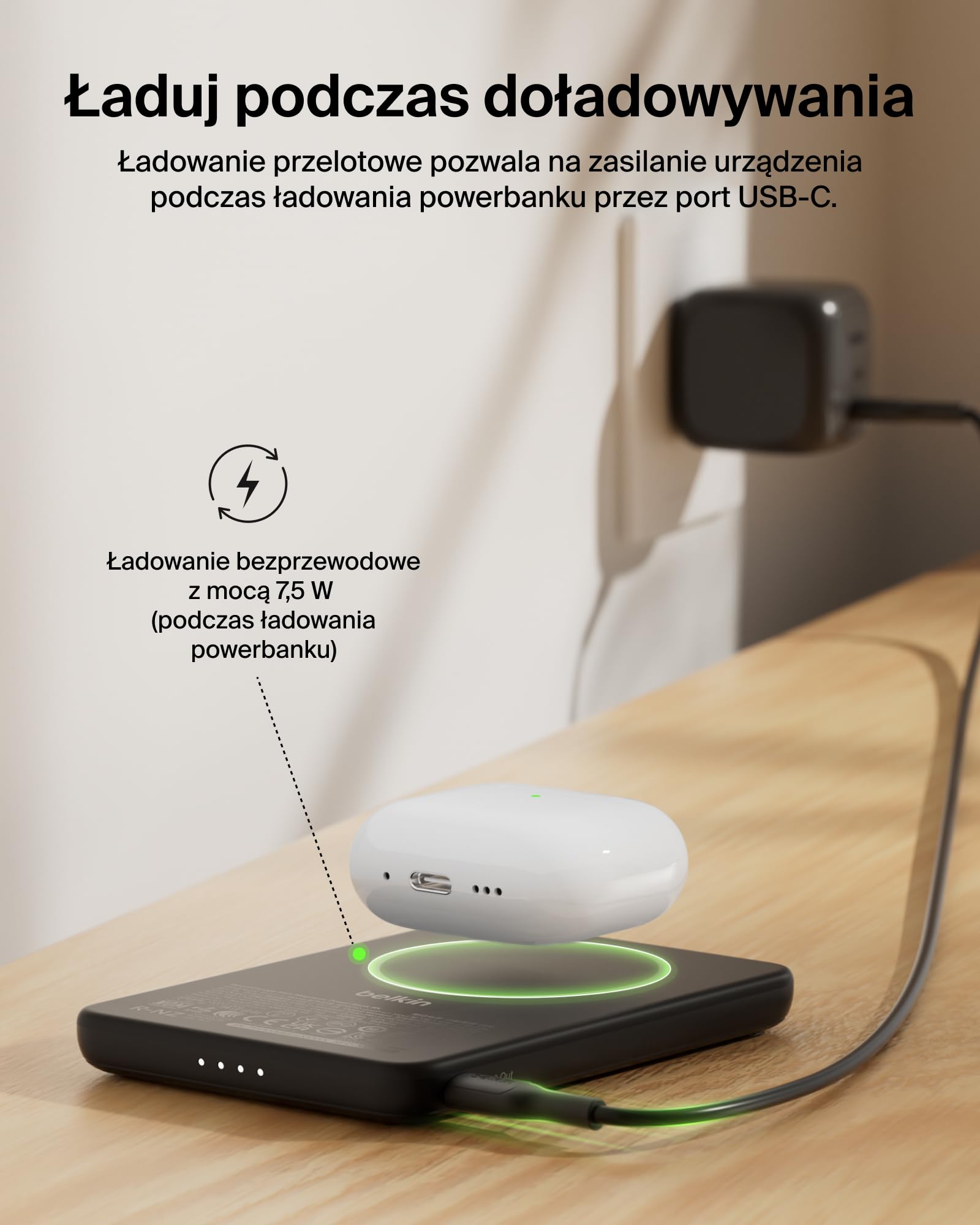 Belkin BoostCharge Cienki Magnetyczny Powerbank 5000 mAh USB-C – Czarny | Powerbank Bezprzewodowy 5000 mAh, Pierścień Magnetyczny, Port USB-C, Naładowany, Kabel w Zestawie, do Podróży Samolotem