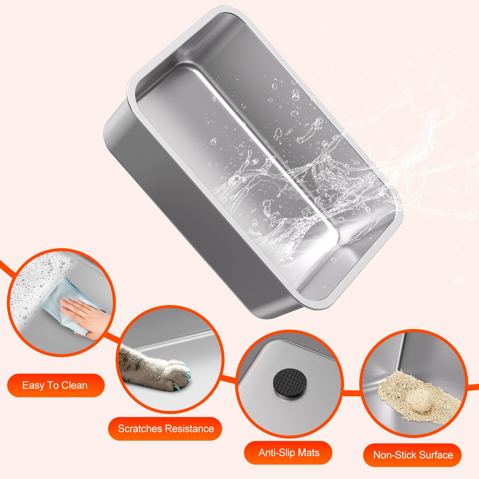 KITCATY Lettiera per gatti in acciaio inox, 50,8 cm di lunghezza x 35,1 cm di larghezza x 35,1 cm di altezza, con coperchio, non assorbe gli odori, a prova di perdite, antiaderente, facile da pulire