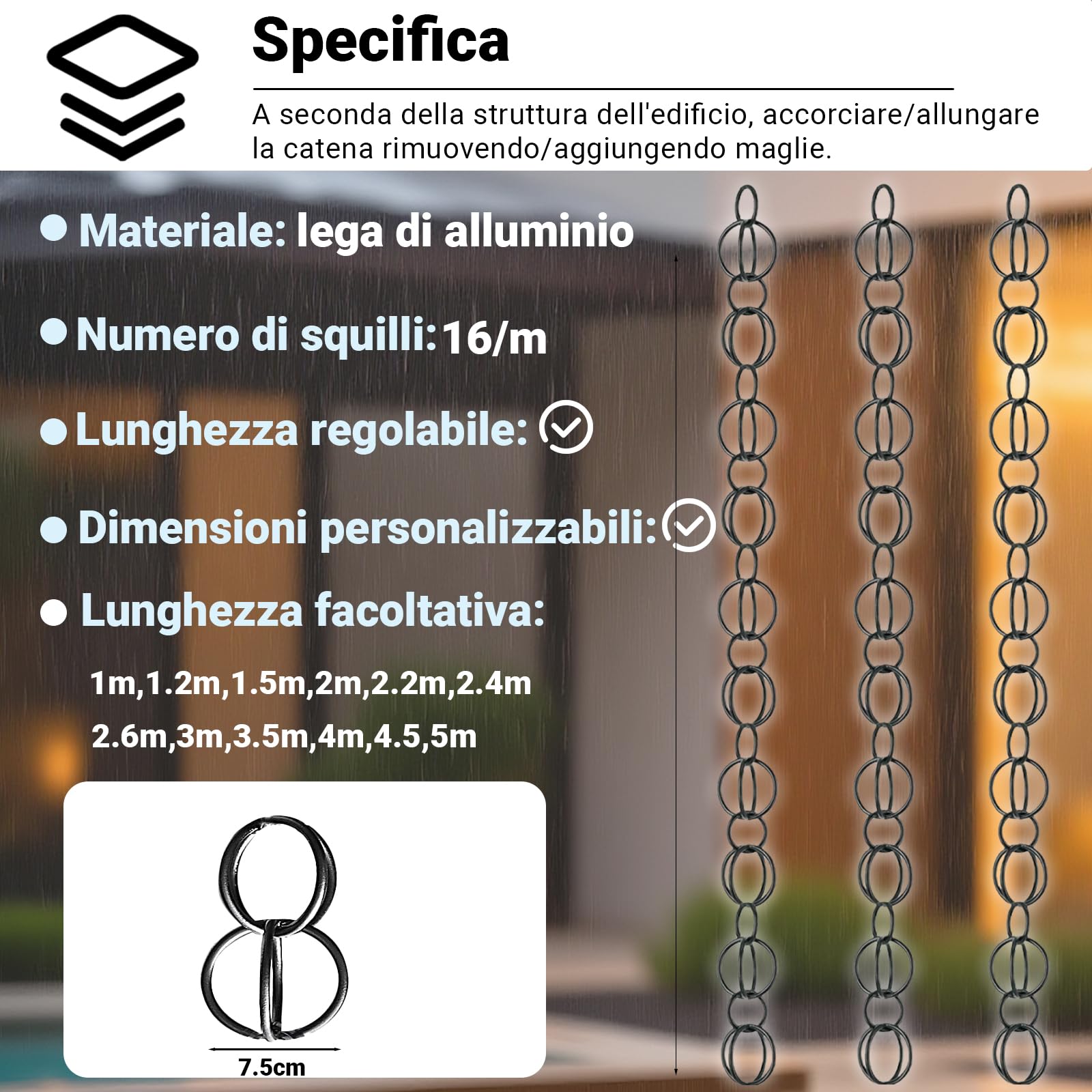 Catena Pluviale Giapponese in Rame per Drenaggio, Resistente all‘Inverno, Ideale per Barile di Pioggia, Nero (2.2m)