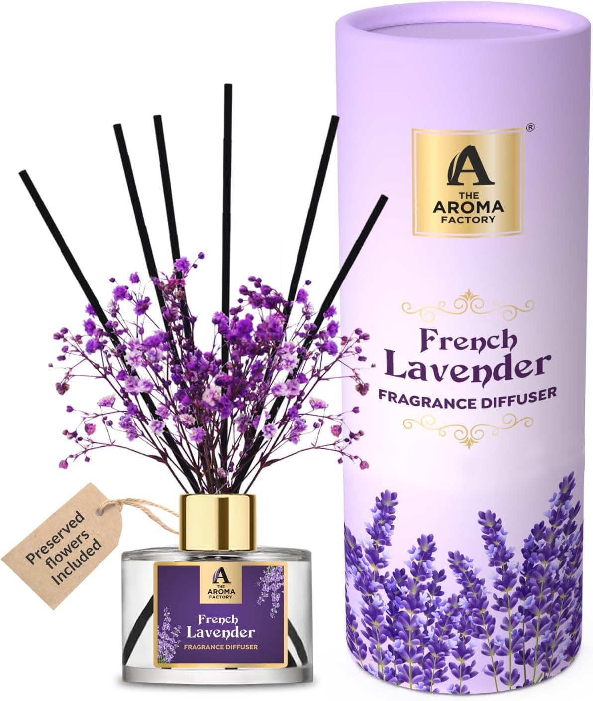 The Aroma Factory Fragrance Reed Diffuser Set with Essential Oil, Aroma Sticks & Preserved Flowers | Luxury Home Decor Scent (French Lavender, 100ml Pack of 1)