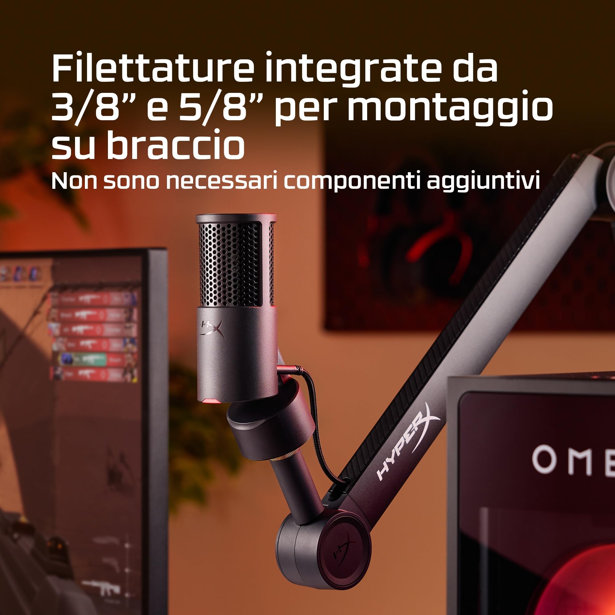 HyperX SoloCast 2, Microfono Usb-C Condensatore per Gaming, Streaming, Podcast, Compatibile Con Pc, Mac e Bracci Filettati, Controllo Con Software Ngenuity, Plug-and-Play, Audio Chiaro, Nero