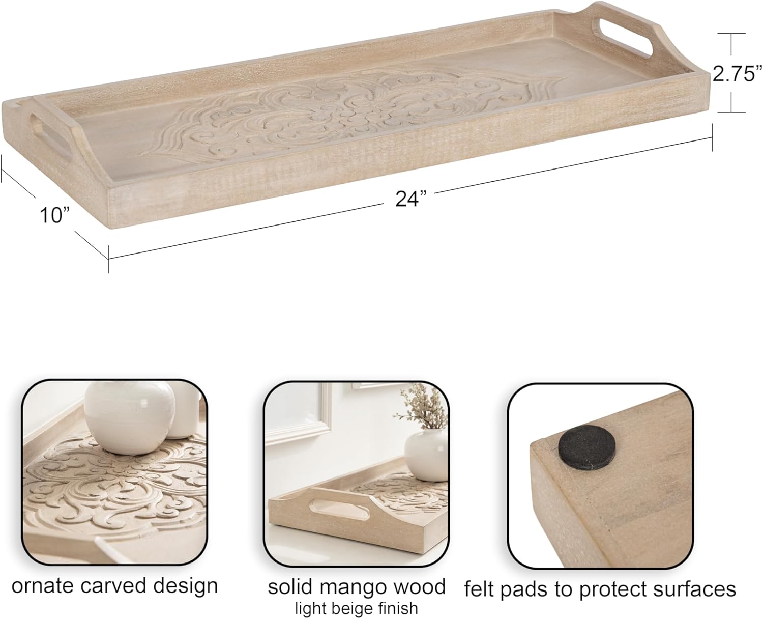 Kate and Laurel Adhira Carved Decorative Rectangle Tray, 24 x 10, Natural Wood, Traditional Display Tray with Handles and Hand Carved Wooden Pattern - Image 2