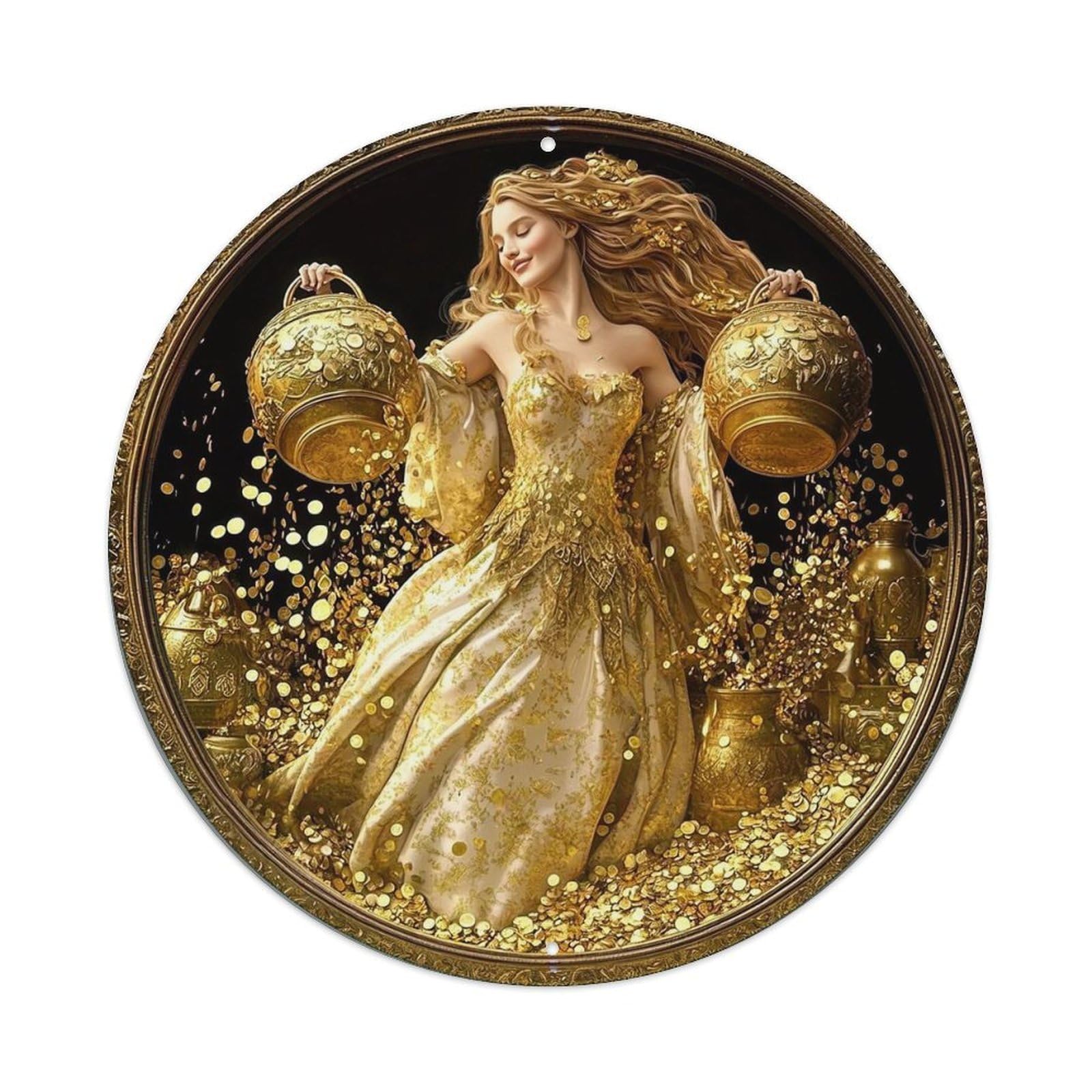 Golden Lady With Coins And Pots Round Tin Sign Vintage Metal Sign Home Bar Garden Indoor & Outdoor Wall Decor Retro Metal Poster 8x8 Inch