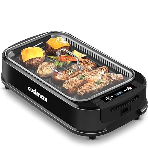 Smokeless Grill Indoor, CUSIMAX Electric Grill, 1500W Grill Portable Korean BBQ Grill with LED Smart Display & Tempered Glass Lid, Non-stick Removable Grill Plate, Dishwasher Safe, Black - Black