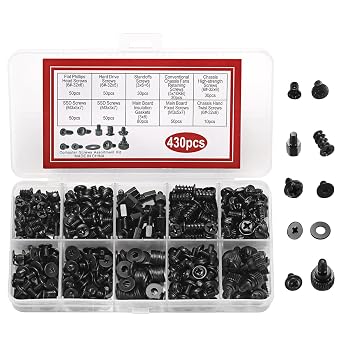 430PCS Professional Computer Screws Assortment Kit, Includes Motherboard Standoffs, SSD, HDD, Fan, PC Case, Power Supply Screws Durable & Versatile for DIY PC Builds and Repairs