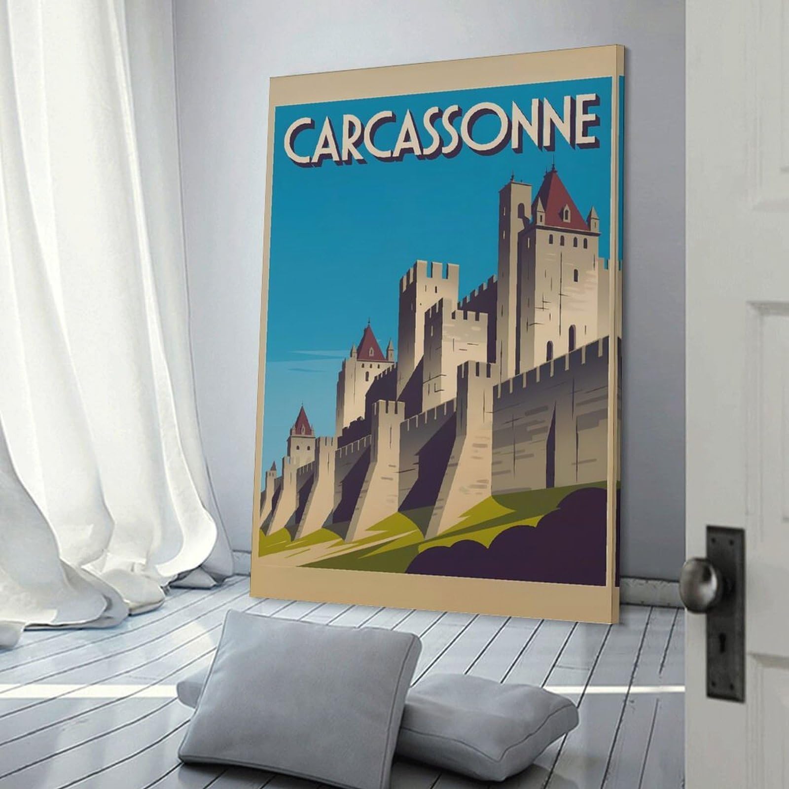 Junmoney Carcassonne Vintage Travel Canvas Wall Art 16x24inch(40x60cm), for Home Lounge, Bedroom Or Reading Nook, Eye Catching Artwork for Blank Walls