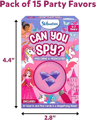 Miniatura 2 de Skillmatics Recuerdos de fiesta (paquete de 15)  Juego de tarjetas de unicornios y princesas con texto en inglés Can You Spy para bolsas de regalos