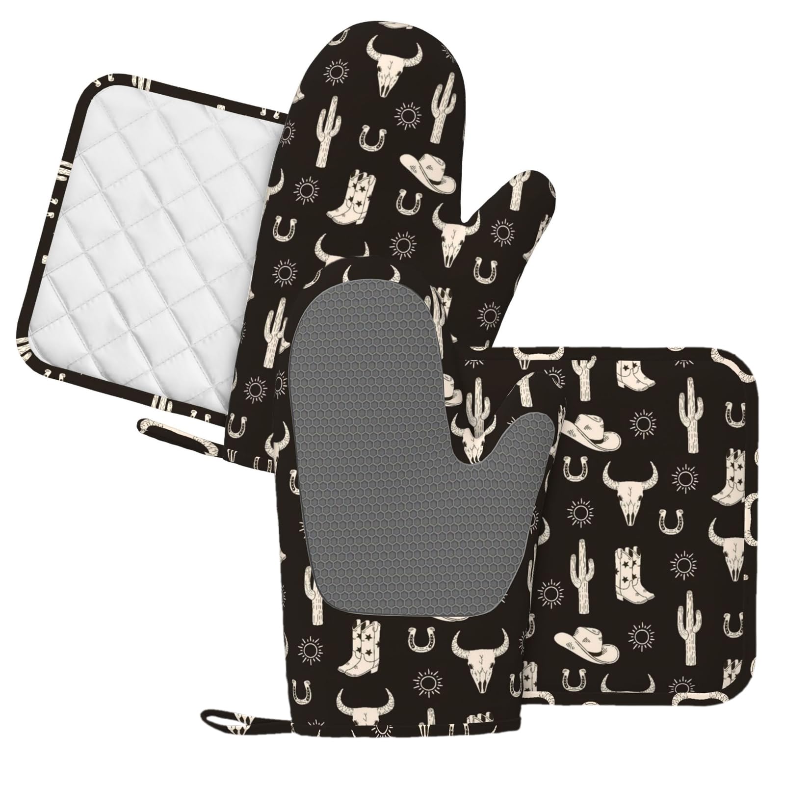 Lot de 4 maniques et maniques en forme de crâne de vache | Moufles de cuisine en silicone motif bottes esquisses motif soleil aztèque occidental ethnique tribal coussinets chauds pour