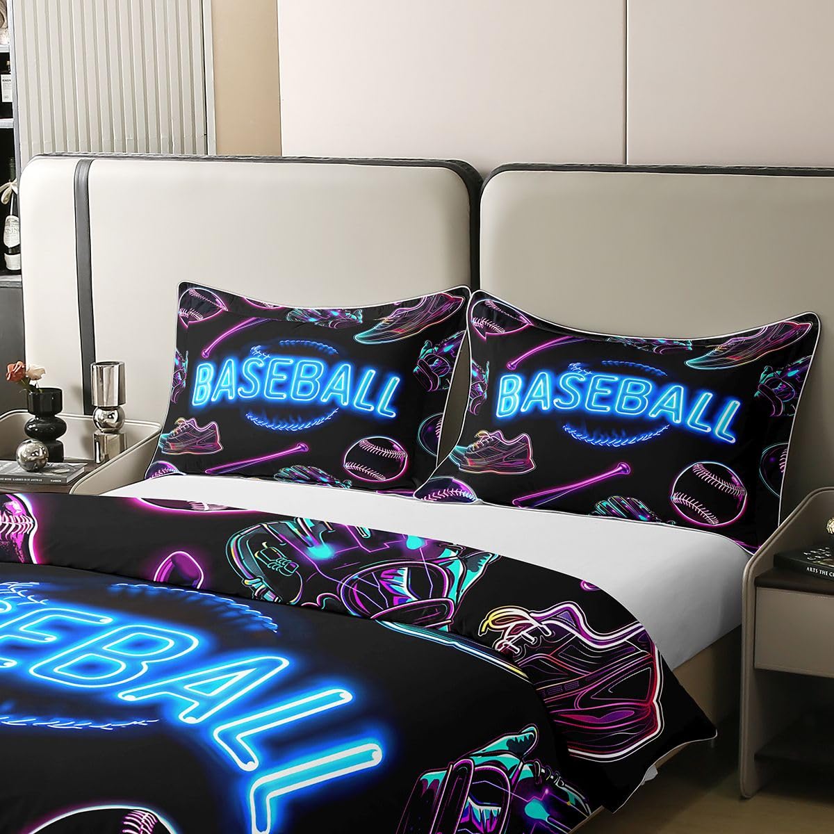 Homewish Baseball King Zestawy poszewek na kołdrę chłopcy sport gra bawełniana pościel dzieci nastolatki świecąca piłka gry poszwa na kołdrę miękka oddychająca czapka baseballowa rękawiczki buty wzór