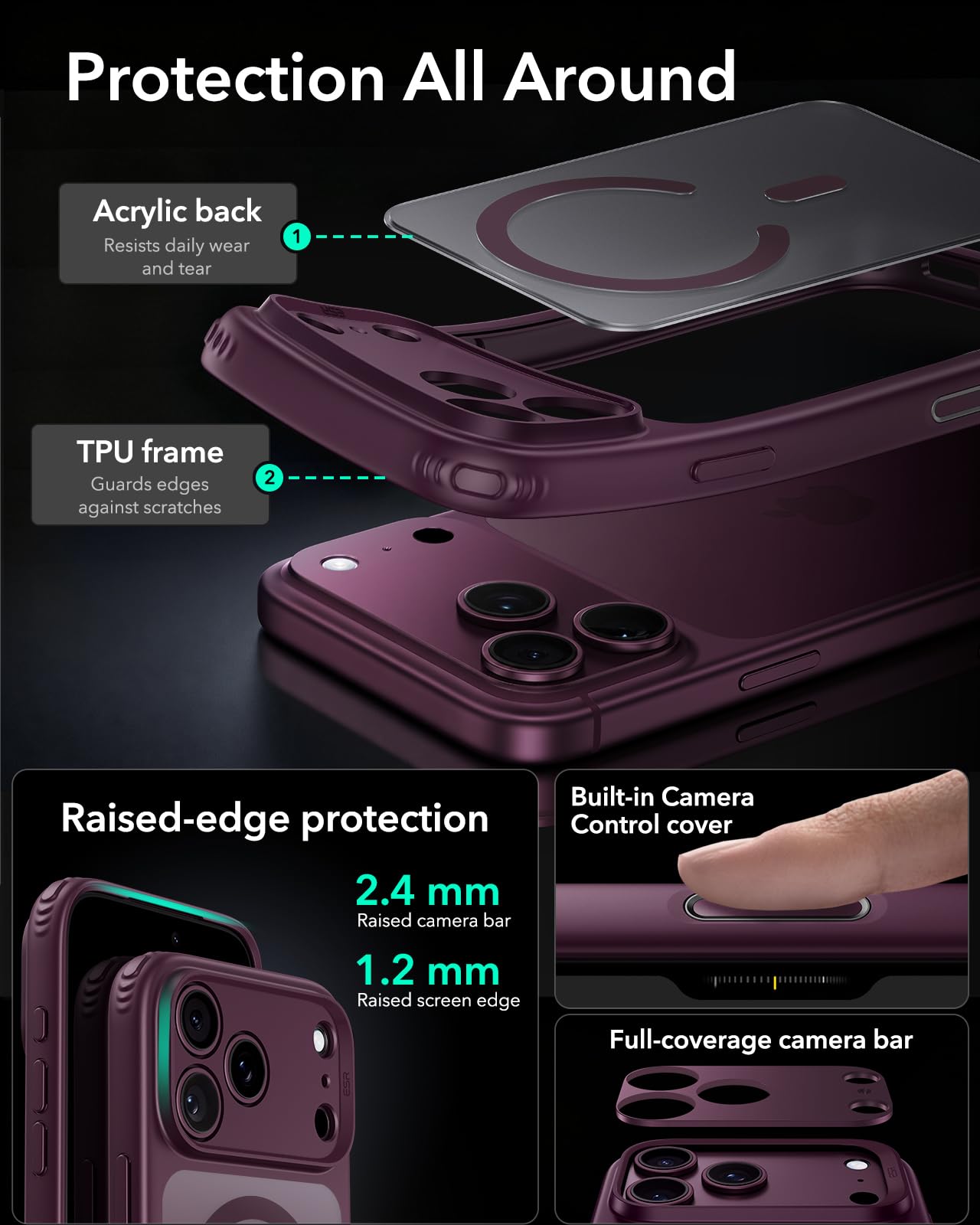 ESR Classic Hybrid for iPhone 18 Pro/17 Pro Case, Frosted Burgundy — Amazon image 4