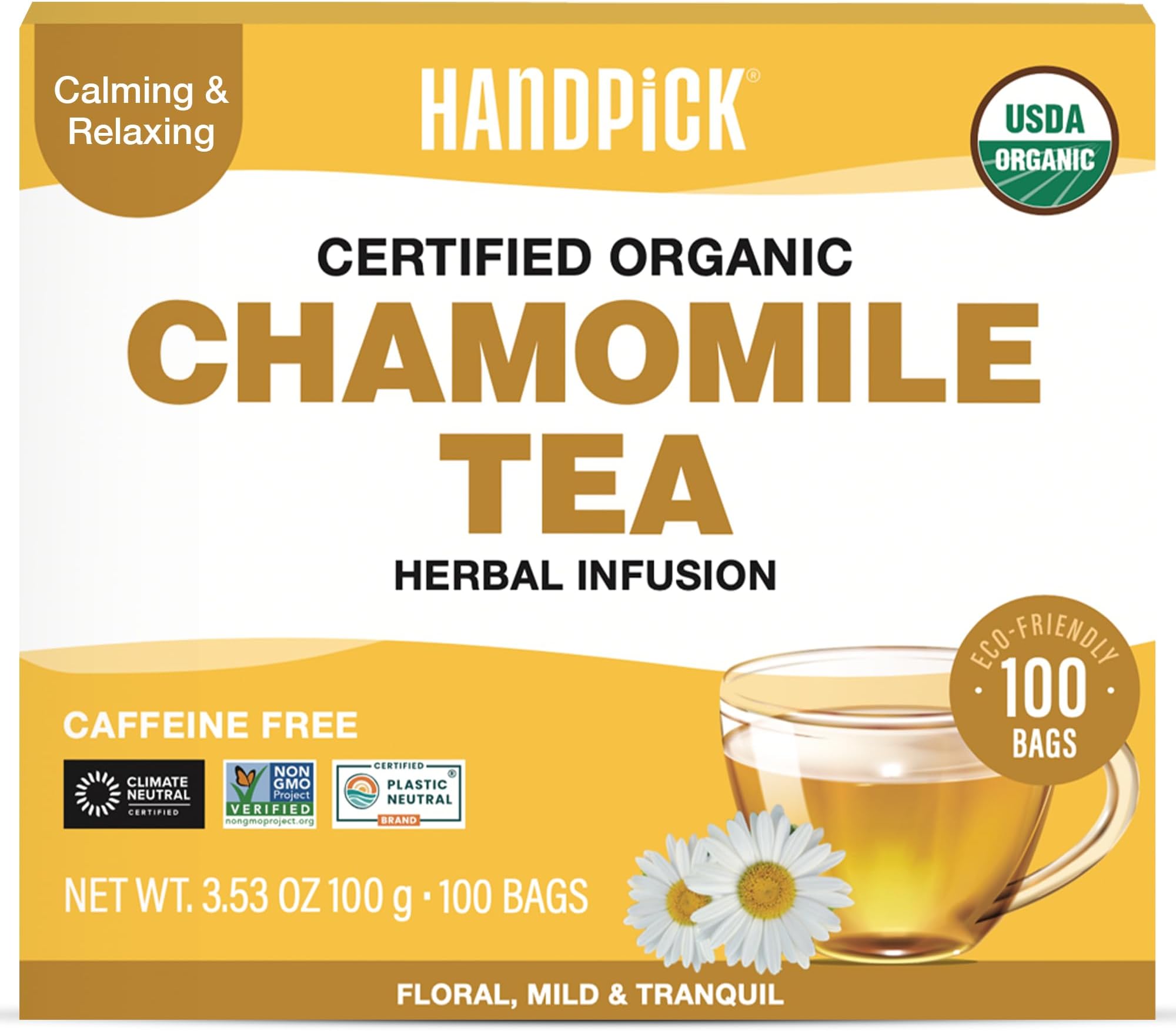 Organic Chamomile Tea Bags (100 Herbal Tea Bags) Caffeine Free| Premium Floral Chamomile Herbal Tea in Eco-Conscious Teabags | Direct from Source