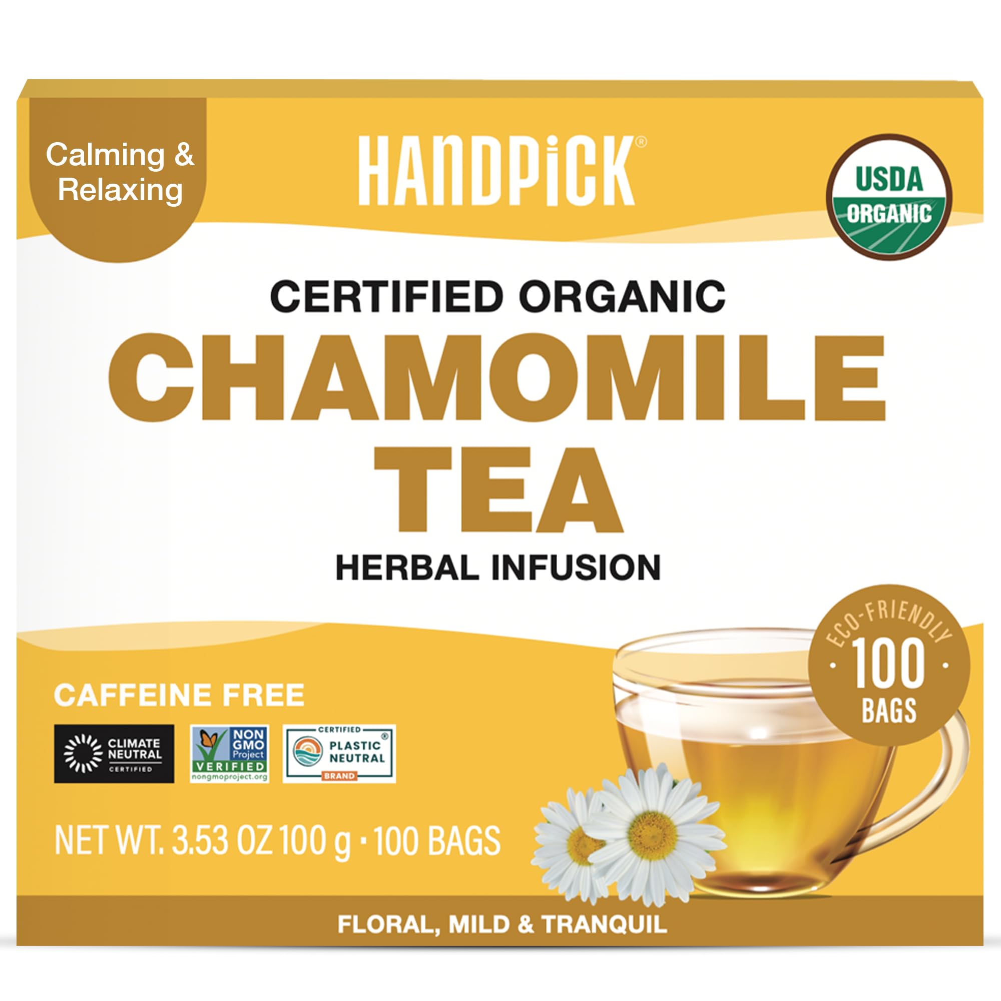 Organic Chamomile Tea Bags (100 Herbal Tea Bags) Caffeine Free| Premium Floral Chamomile Herbal Tea in Eco-Conscious Teabags | Direct from Source