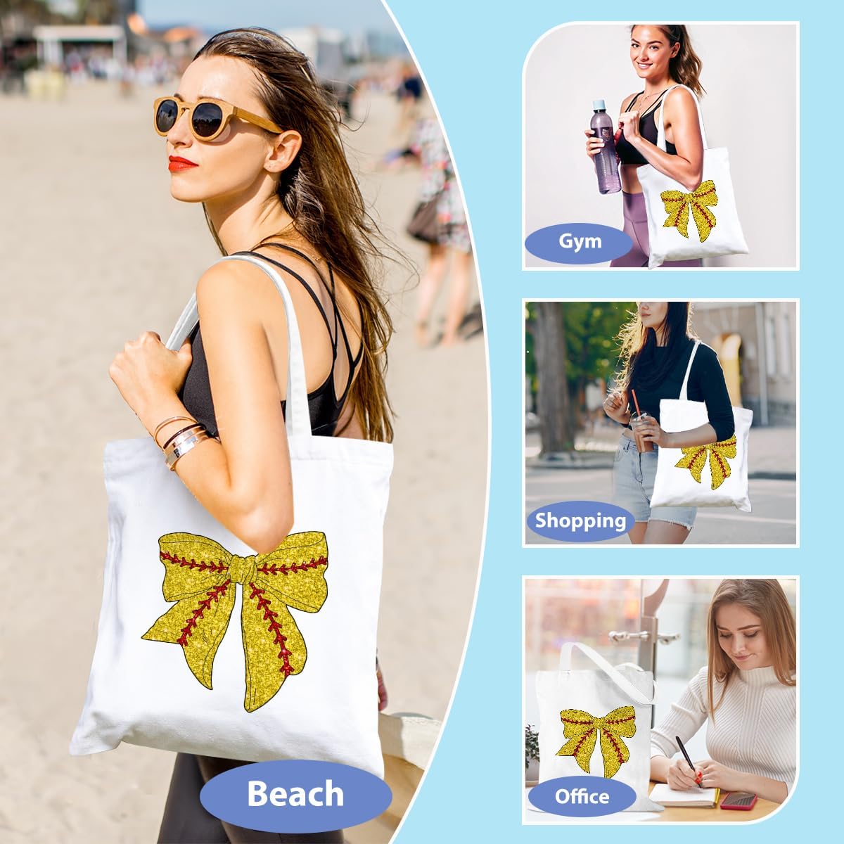 Bow Basketball Soccer Softball Tennis Volleyball Baseball Canvas Tote Bag Gifts for Women Reusable Grocery Bags