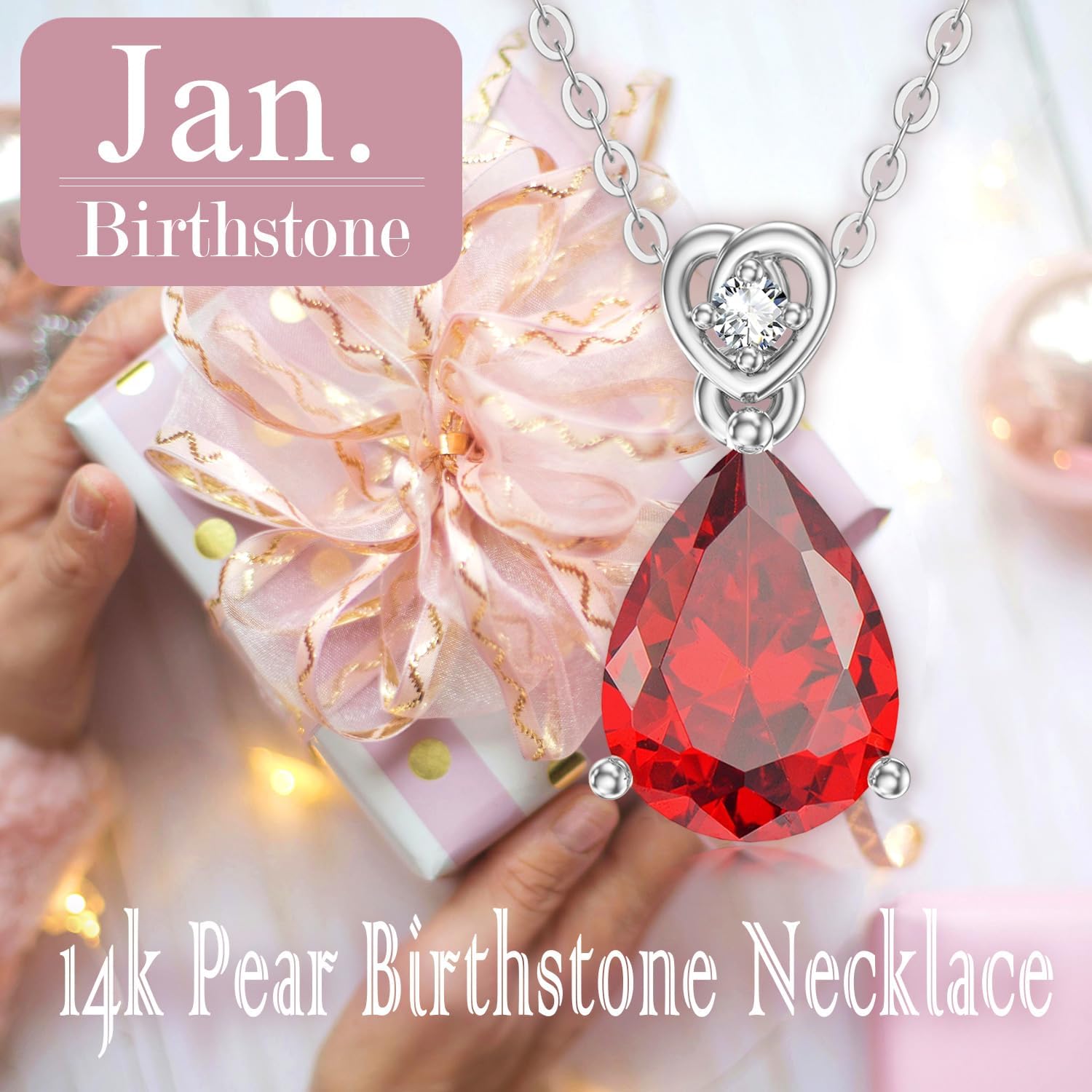 14k Gold Pear Gemstone Birthstone Necklace with Real Diamond(I2-I3 Clarity),2 Carat Teardrop Created Birthstone Anniversary Birthday Mother's Day Necklaces for Women Mom Her - Image 5