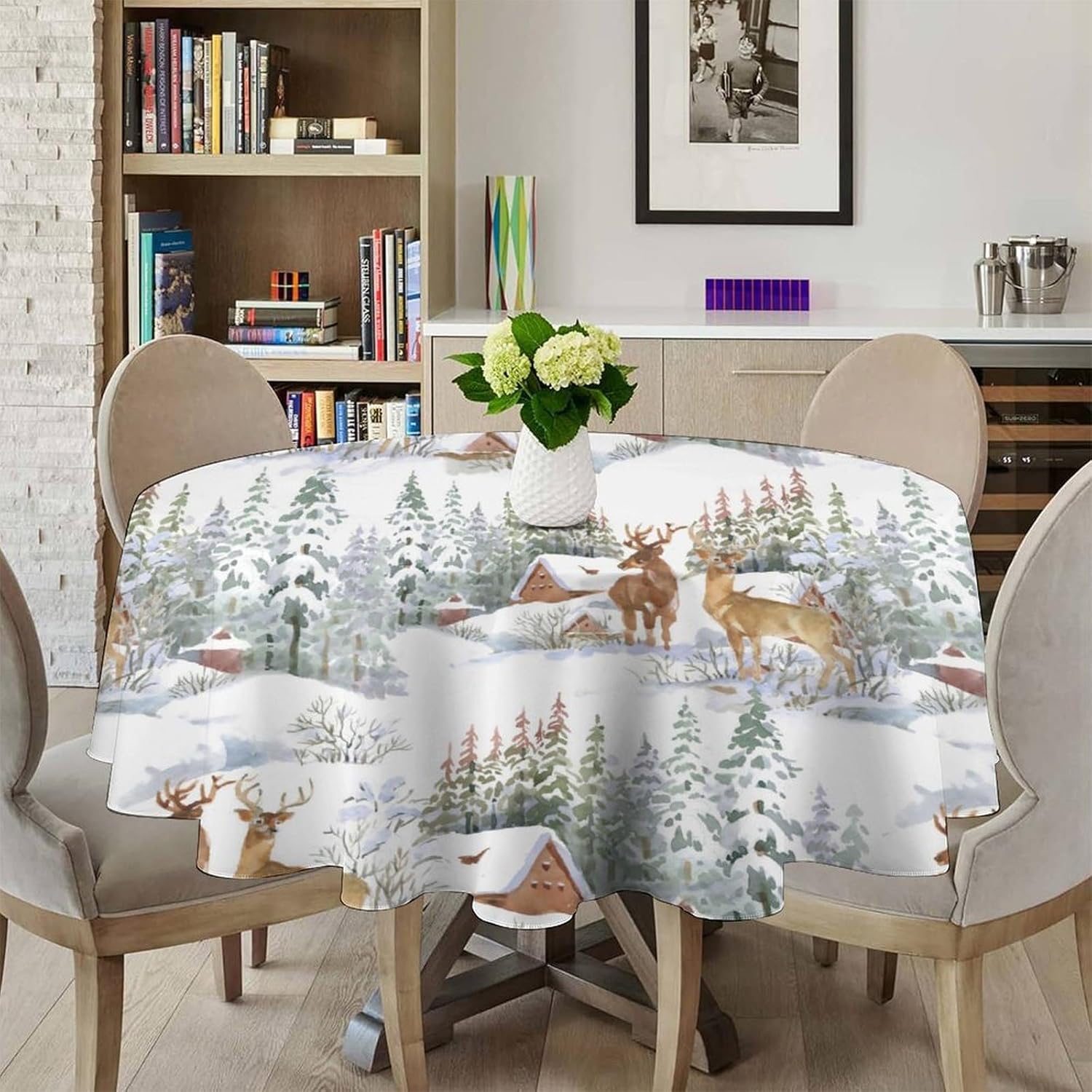 Amazon.com: MoBlinko Watercolor Winter Landscape Round Tablecloth Deer ...