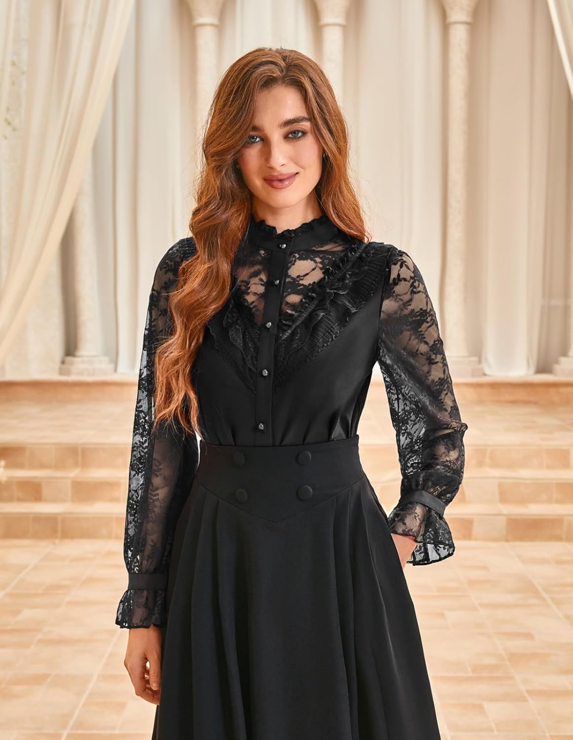 Scarlet Darkness Women Victorian Blouse Elegant Ruffle Lace Long Sleeve Tops - Image 2