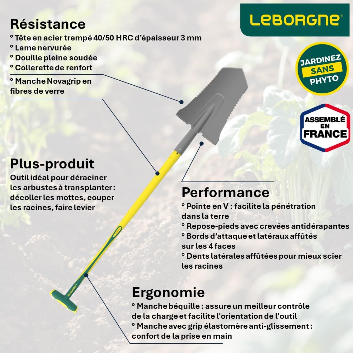 Leborgne, Louchet Transplantation Duopro, Outil de Jardinage 33 cm avec Manche béquille Novagrip, idéal pour Le Jardinage, Parfait pour Les Professionnels et Amateurs