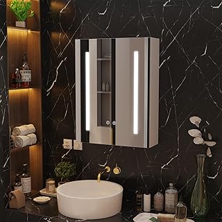 Supfine Spiegelschrank Bad mit LED Beleuchtung, Weiß, MDF, 3-Farbige Beleuchtung mit Berührungssteuerung, Verstellbare Einlegeböden, Steckdose und Lichtschalter, Antibeschlag (60x80x15 cm)