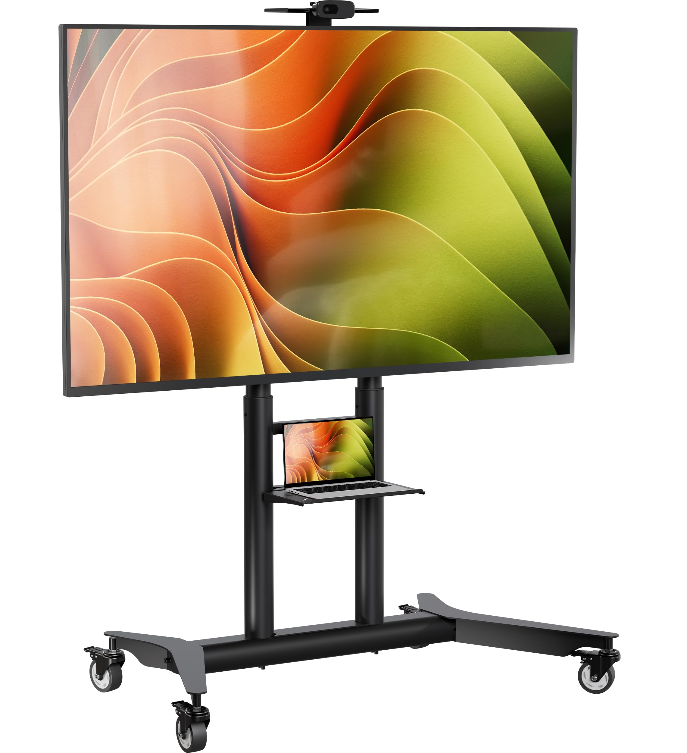 ONKRON Supporto TV con Ruote 55"-90", 75 kg, max VESA 800x600, TS1871-B | Carrello per televisore nero, altezza 1085-1590 mm, ripiano AV, mensola per webcamera, struttura in acciaio; per fiere e sale