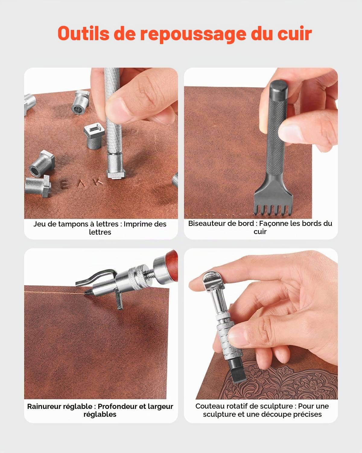 VEVOR Kit de travail du cuir, 61 pièces, outils d'artisanat du cuir avec sac de rangement en toile, pour gravure, poinçonnage, couture, estampage, découpe, pour débutants, bricoleurs et professionnels
