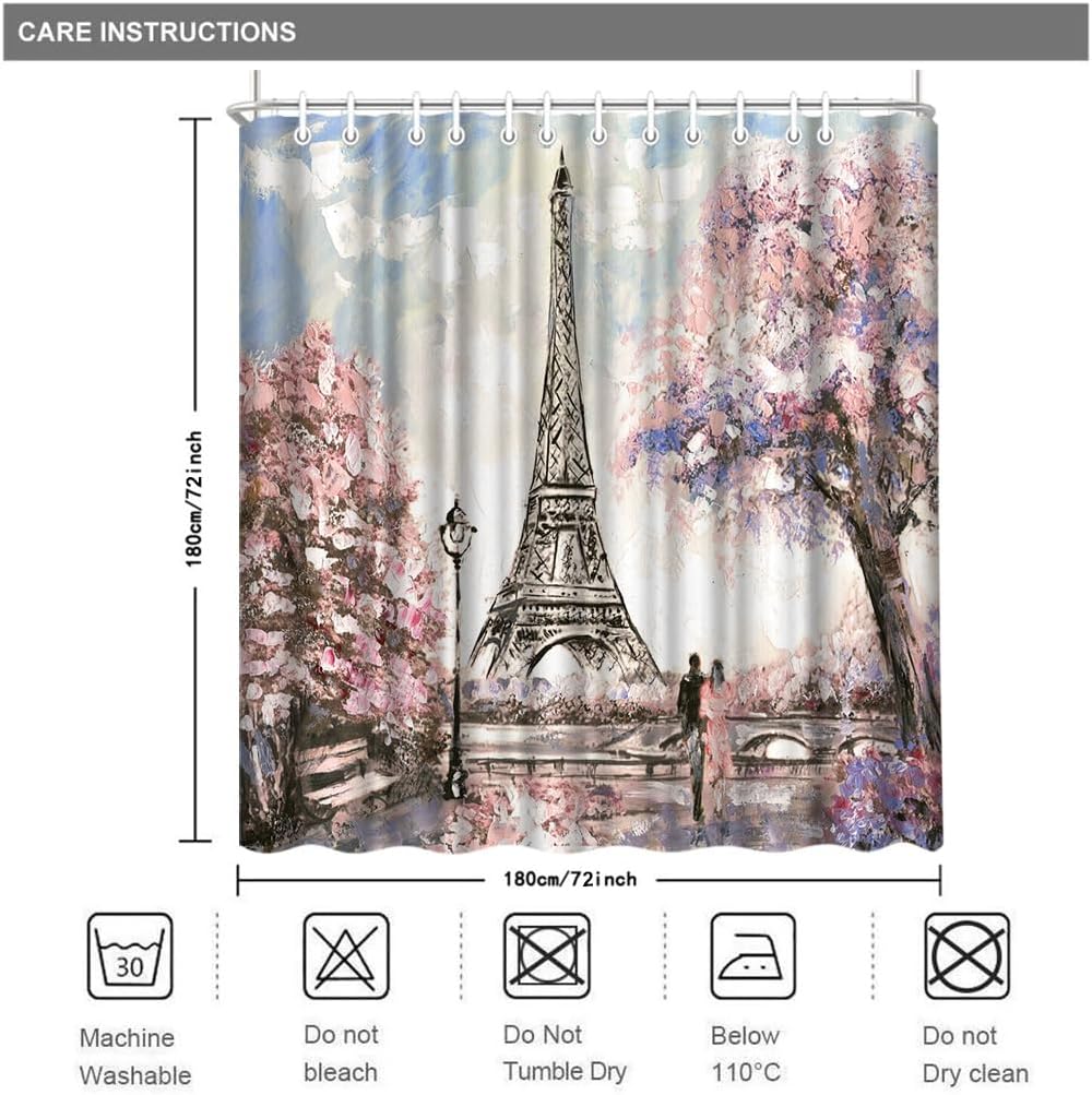 Paris Shower Curtain for Bathroom Sakura Landscape Pink Romantic Waterproof Fabric Curtain Decor with 12 Hooks 72x72 Inches