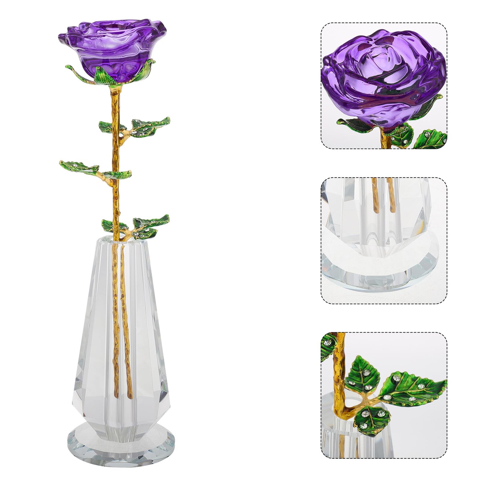 SHINEOFI Estatua de Flor de Cristal Morada con Tallo Dorado y Jarrón Figura Decorativa Coleccionable para Bodas Centro de Mesa y Obsequio Romántico de Aniversario