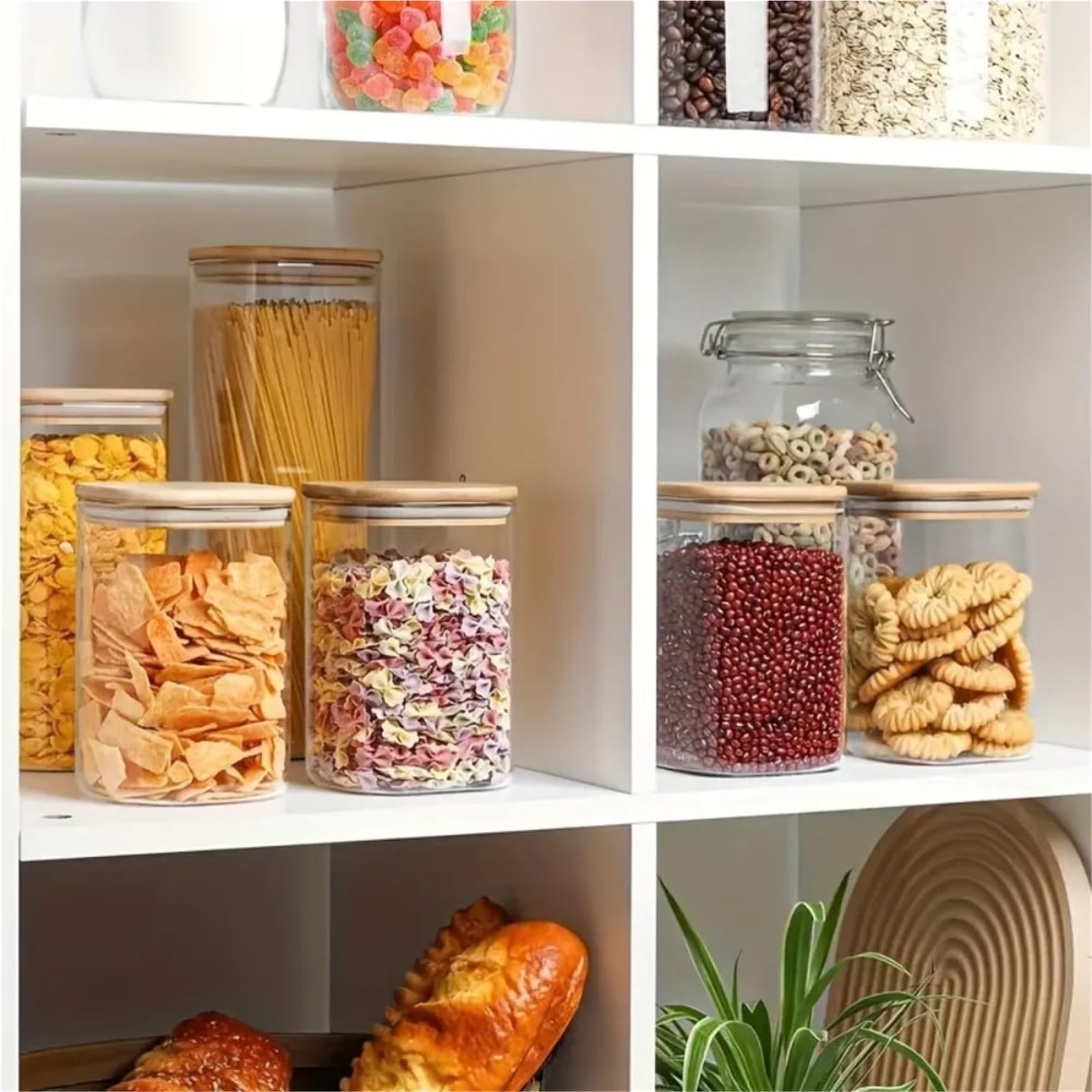 Tarro de almacenamiento para cocina, Tarro sellado de vidrio cuadrado transparente 4x540 ml, caramelos apilables, galletas, frutos secos, cereales, nueces