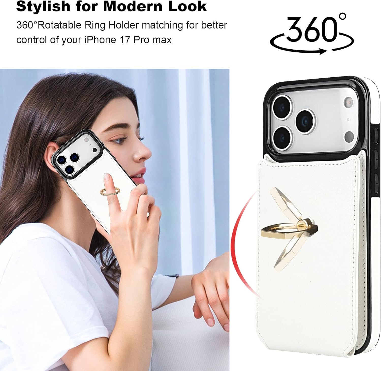 Folosu Compatible with iPhone 17 Pro Max Case Wallet with Card Holder, 360°Rotation Finger Ring Holder Kickstand, RFID Blocking Leather Protective Double Buttons Shockproof Cover 6.9 Inch White - Image 3