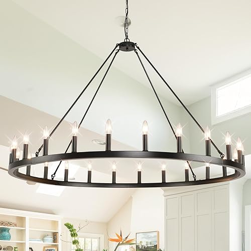 Sdorens Candelabro de Rueda de Carreta Negro de 24 Luces, Candelabros Grandes de 54 Pulgadas para Techos Altos, Lámpara de Comedor Estilo Granja,