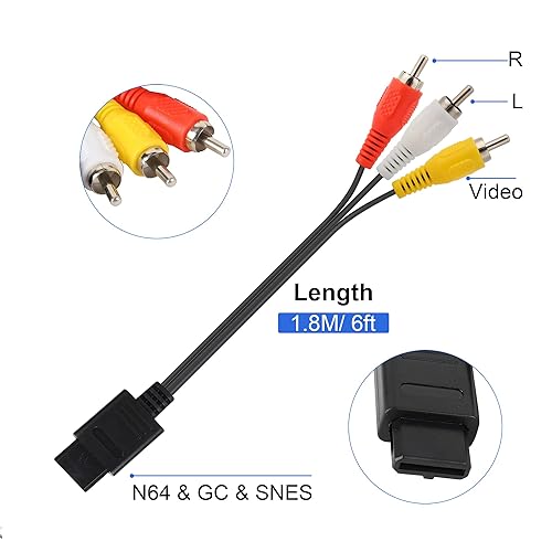 Miniatura 4 de Cable AV N64, cable de audio y video compatible con juegos de TV Nintendo 64N64GamecubeNGCSNES, compuesto de 1.8 M6 pies, 3 RCA chapado en oro