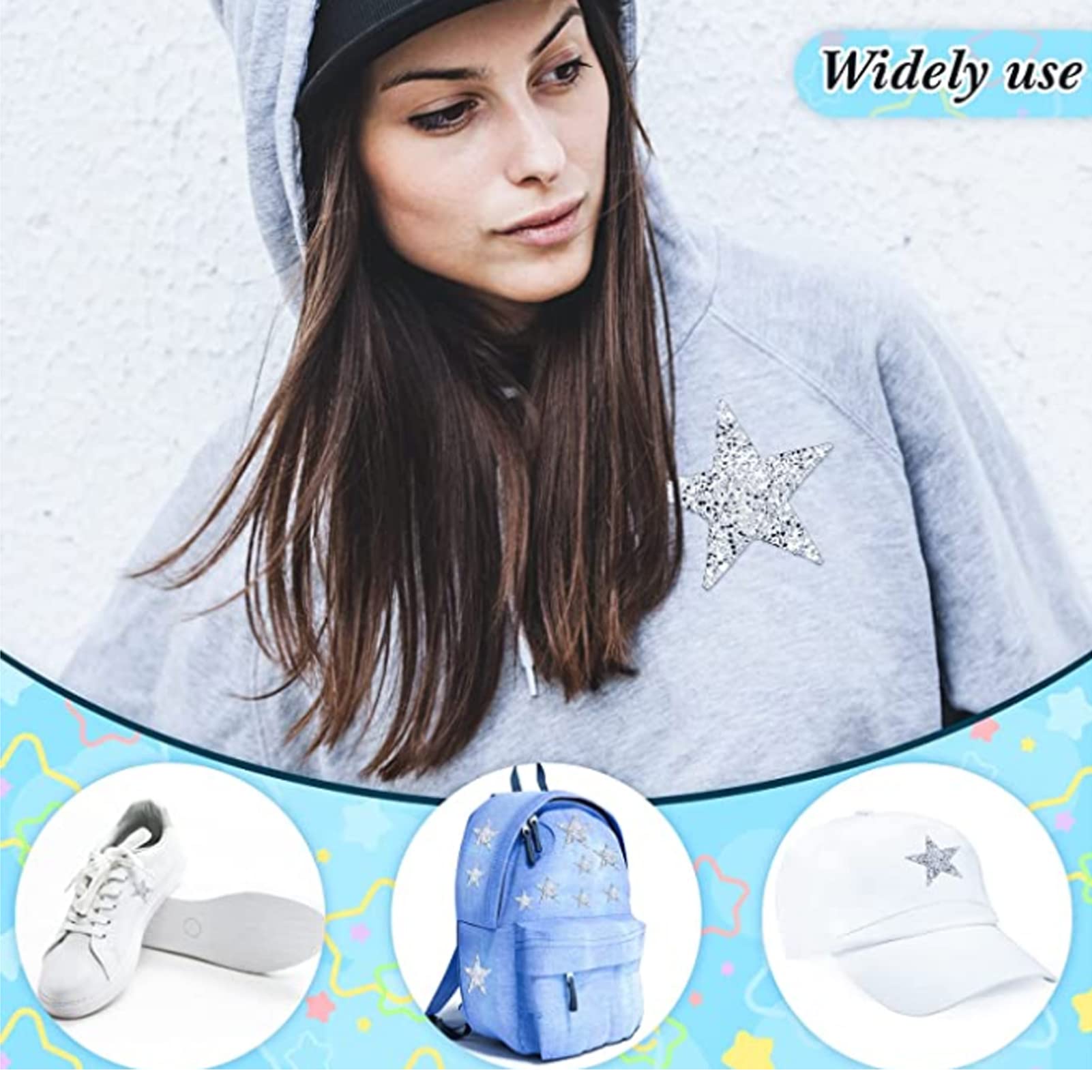 20 Pieces 5 Sizes Rhinestones Glitter Star Patches Exquisite Beautiful Embroidered Iron Patches Sewing Patches Suitable for Sewing Clothes Hats