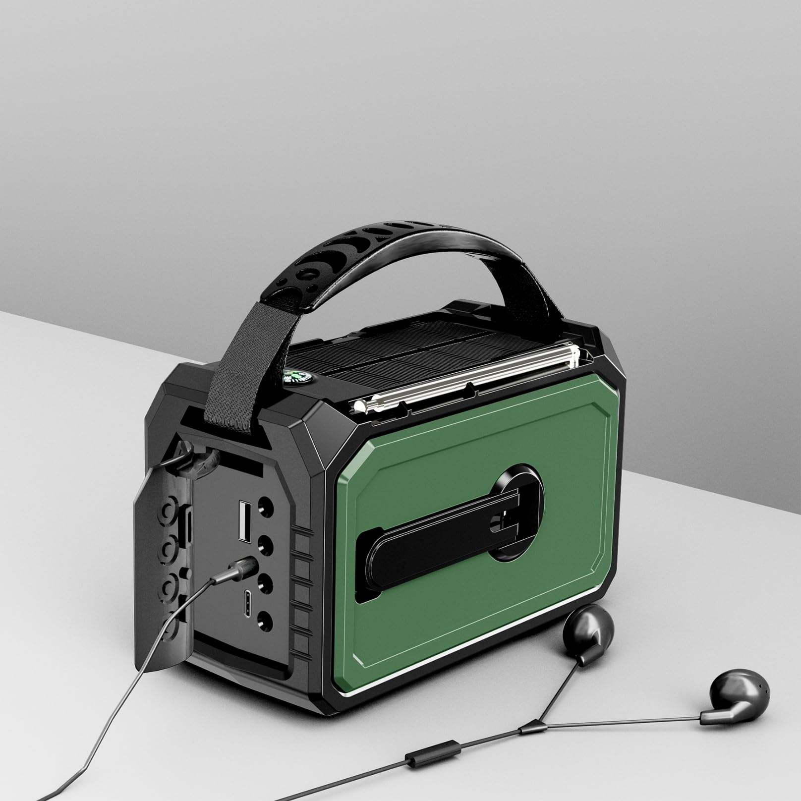 16000 Radio Solaire d'urgence,Ra dio Portative Manivelle,AM/FM Radio Solaire avec Boussole,Chargeur de Téléphone USB,Lampe de Poch,Alarme SOS pour Camping en Plein Air Randonnée (Vert armée)