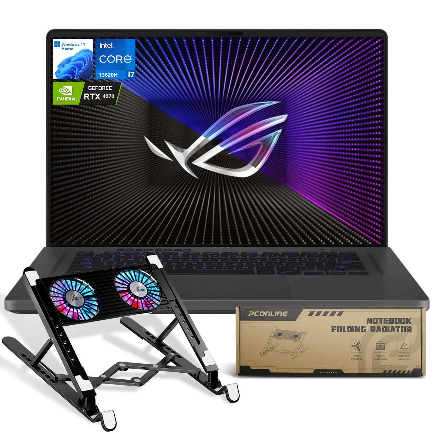 ASUS ROG Zephyrus G16 VR-Ready Gaming Laptop, 16" FHD 165Hz IPS, Intel i7-13620H, NVIDIA GeForce RTX 4070, 32GB RAM, 2TB SSD, Win 11 Home, Bundle with PCO Notebook Folding Radiator, Laptop Cooler
