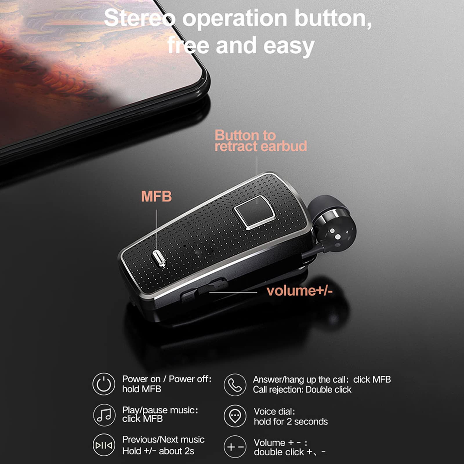 docooler Auricolare con Clip in-Ear Auricolare Bluetooth 5.0 Senza Fili Clip di Usura Vibrante Cuffia Vivavoce con Microfono per Smartphone Business Sport