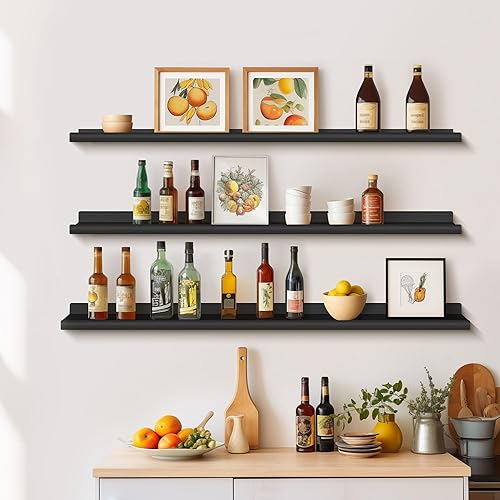 Miniatura 2 de Annecy Juego de 3 estantes flotantes de madera rústica negra de 47 pulgadas para pared, estantes de almacenamiento de pared con diseño de barandilla