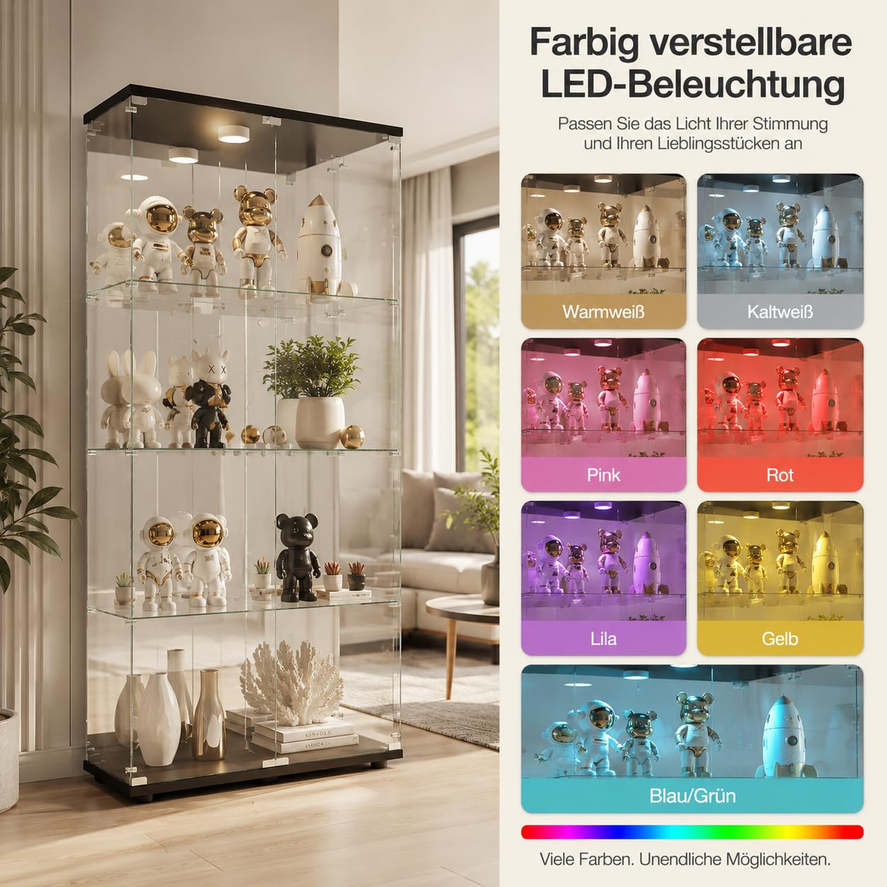 Vitrina de cristal con LED, vitrina de coleccionista de pie con 2 puertas de cristal con cerradura y 4 estantes, vitrina transparente, para salón, oficina, coleccionables, libros, vino (negro)