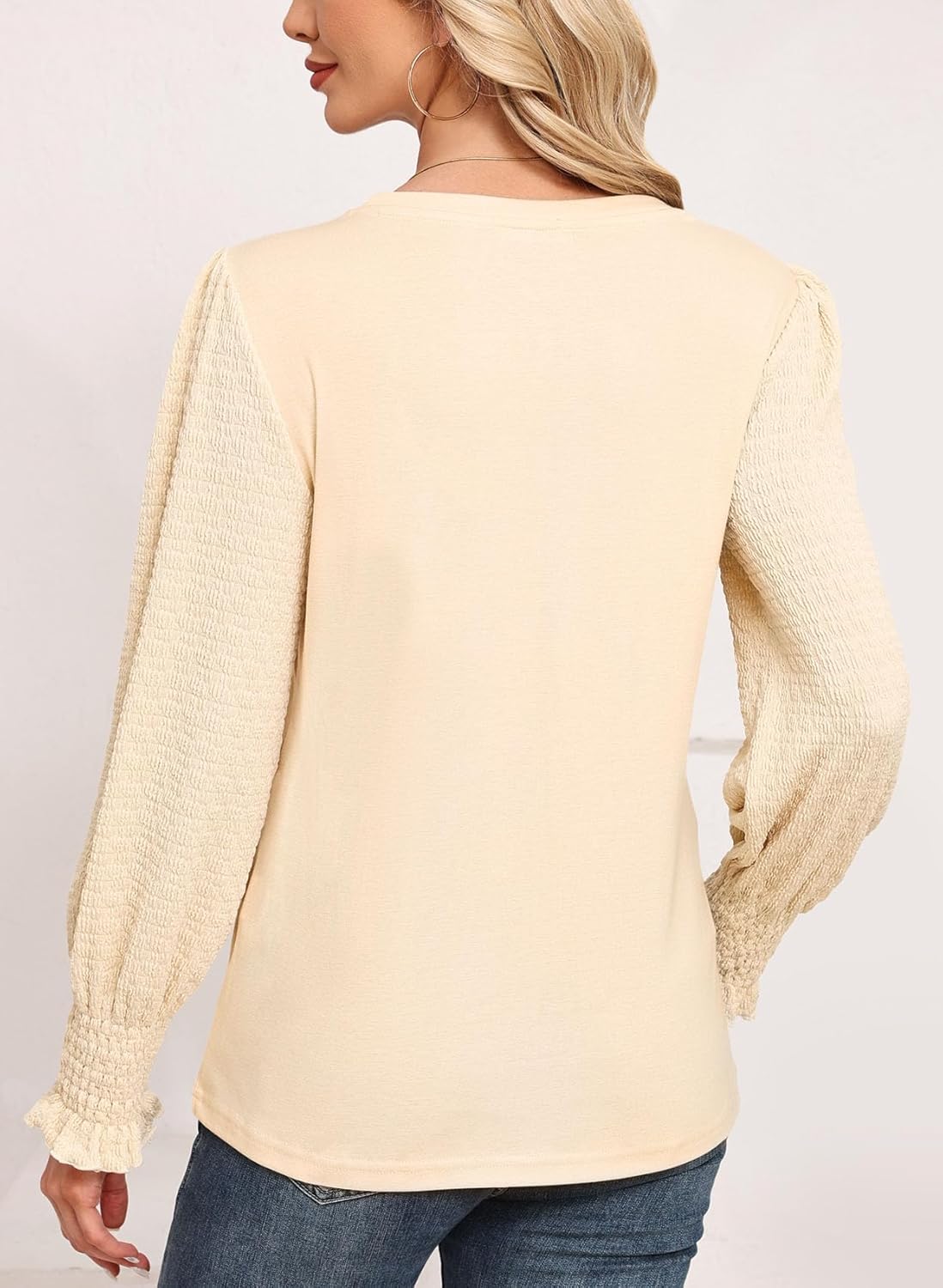 Blouses for Women Casual Puff Long Sleeve Shirts Fall Crew Neck Knit Textured Tunic Tops with Smocked Cuffs - Image 2